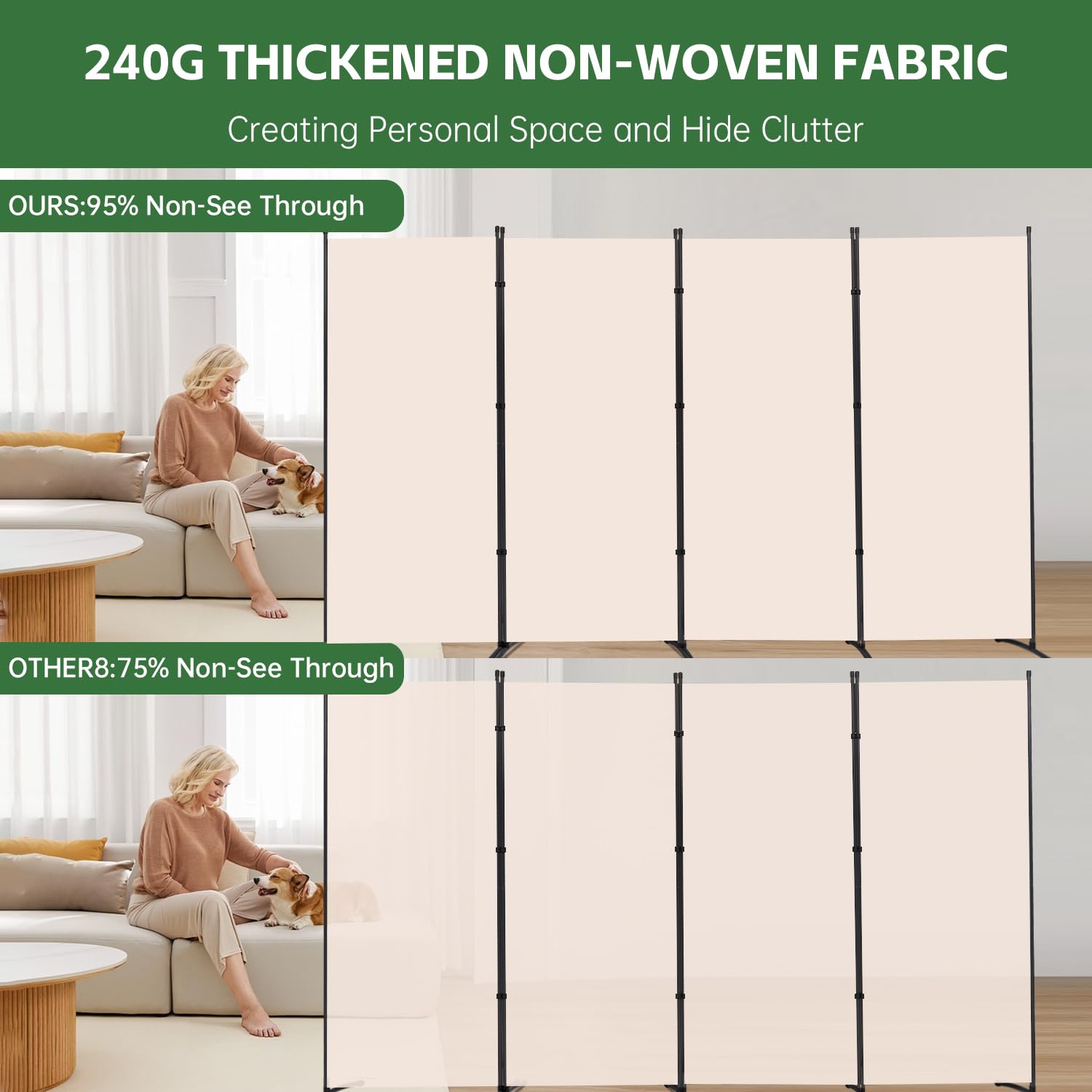 YASRKML 4-Panel Folding Room Divider Privacy Screen - Portable Freestanding Partition Panel for Home Office, Bedroom & Living Room Separation - Beige Fabric Room Dividers for Privacy & Space Organization