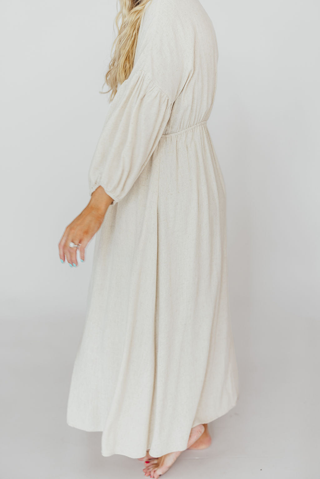 Hunter Linen Blend Midi Dress in Greige - Bump Friendly Maternity Dress with Inclusive Sizing | Perfect for Pregnancy, Nursing, and Everyday Comfort Wear