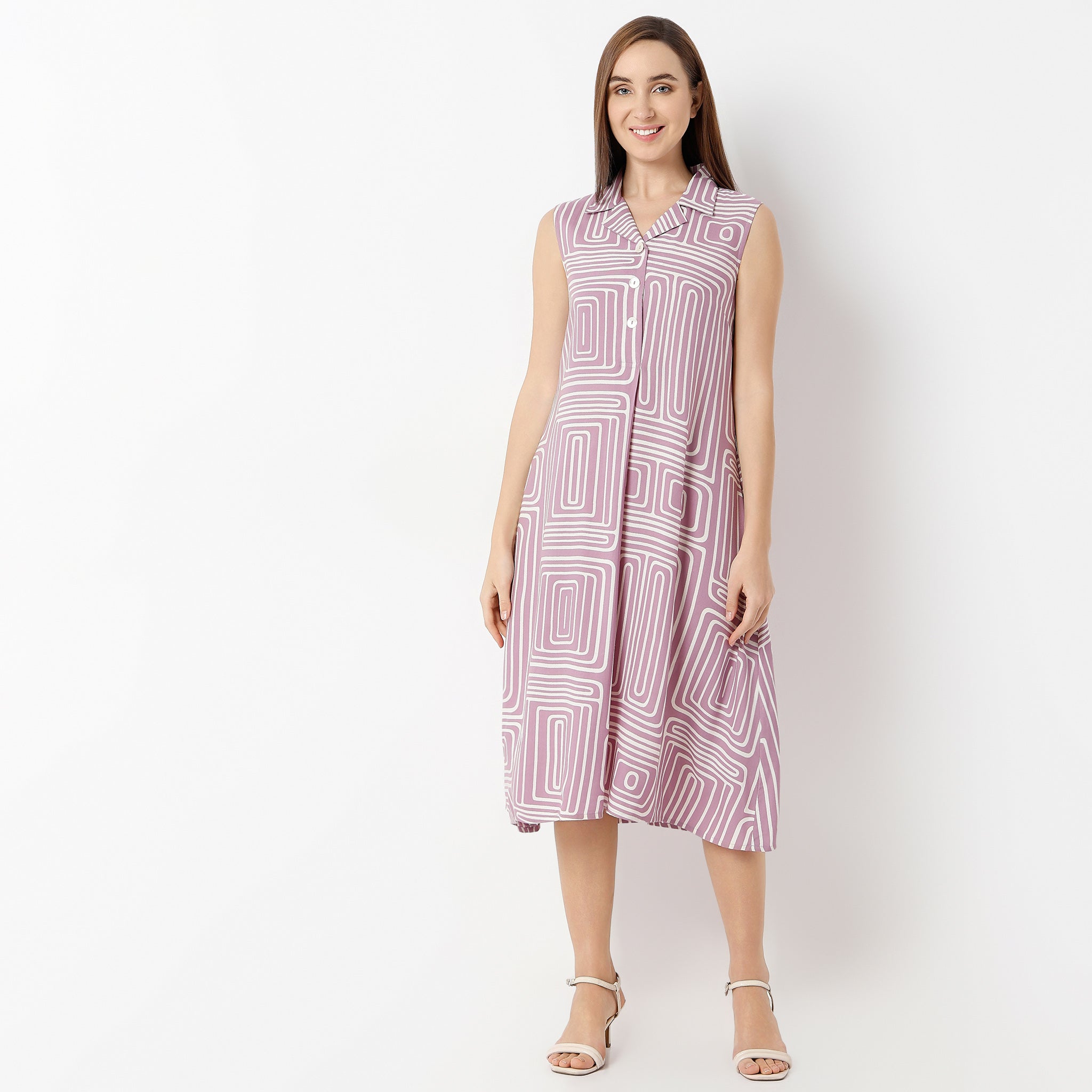 Elegant Flare Fit Printed Sleeveless Dress with Lapel Collar - Below Knee Length for Women | Perfect for Summer Parties, Weddings, and Office Wear
