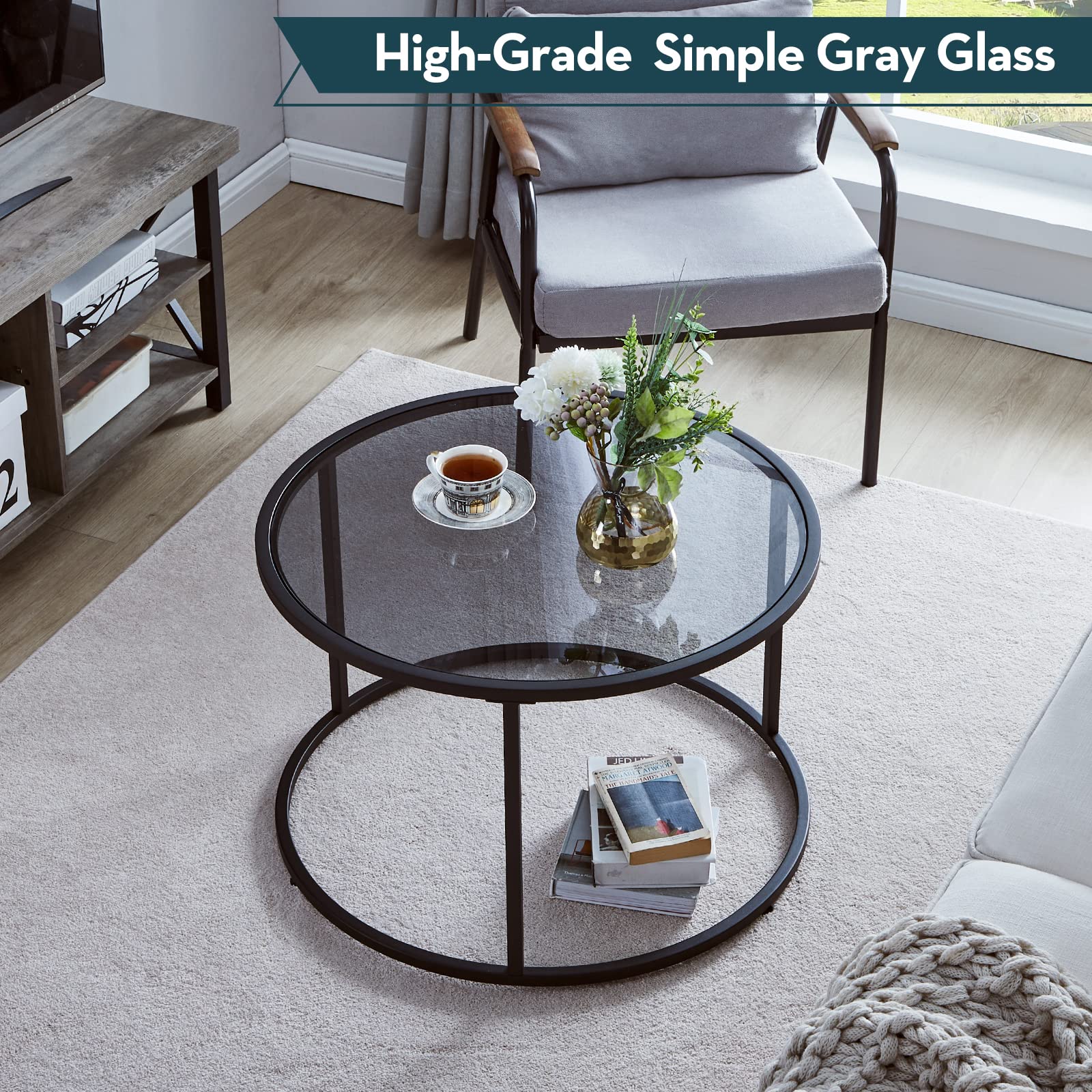 SAYGOER Modern Glass Coffee Table with Storage Shelf - Round Living Room Center Table for Small Spaces | Perfect for Apartments, Lounges & Home Decor