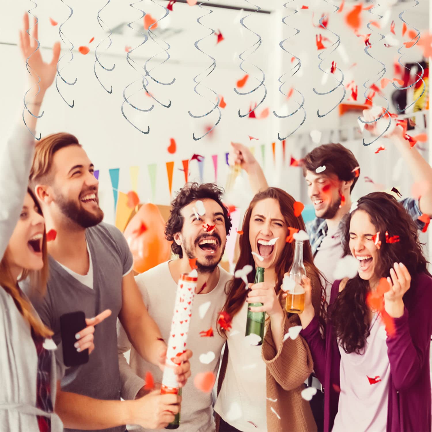 12 Pack Silver Plastic Hanging Swirl Decorations - Spiral Streamers for Ceiling, Wedding, Baby Shower & Birthday Party Supplies | Perfect for Indoor Events and Festive Celebrations