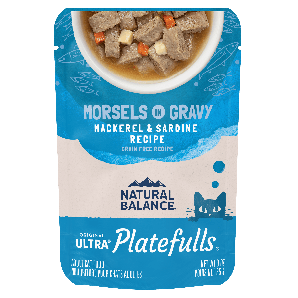 Natural Balance Platefulls Mackerel & Sardine Recipe in Gravy - Grain-Free Wet Cat Food Pouches for Adult Cats | High Protein, Digestive Health | Perfect for Mealtime, Travel & Senior Cats