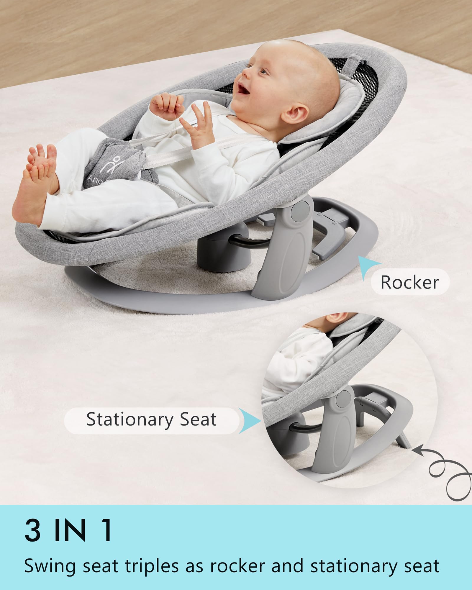 Angelbliss 3-in-1 Baby Swing with Motion Detection | Portable Infant Swing with Removable Rocker & Stationary Seat | Bluetooth Enabled with 3 Soothing Motions (Grey) | Perfect for Nursery, Travel & Calming Fussy Babies