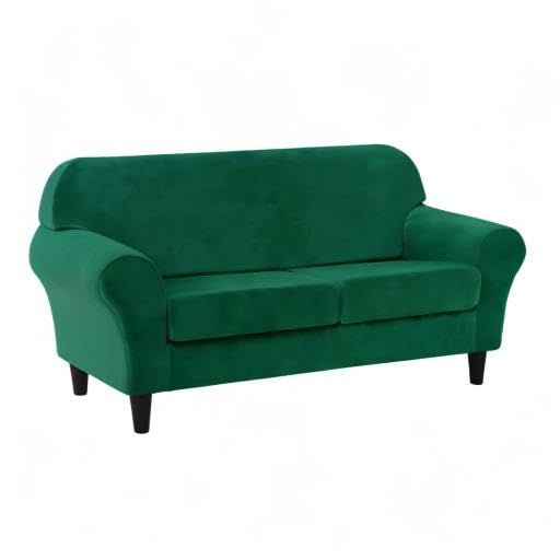 Stretch Velvet Sofa Slipcover for 2 Cushion Couch - Soft Thick Furniture Protector Cover for Loveseat - Pet & Kid Friendly Stretchable Sofa Cover (Medium, Green) - Perfect for Living Room, Family Room & Home Decor