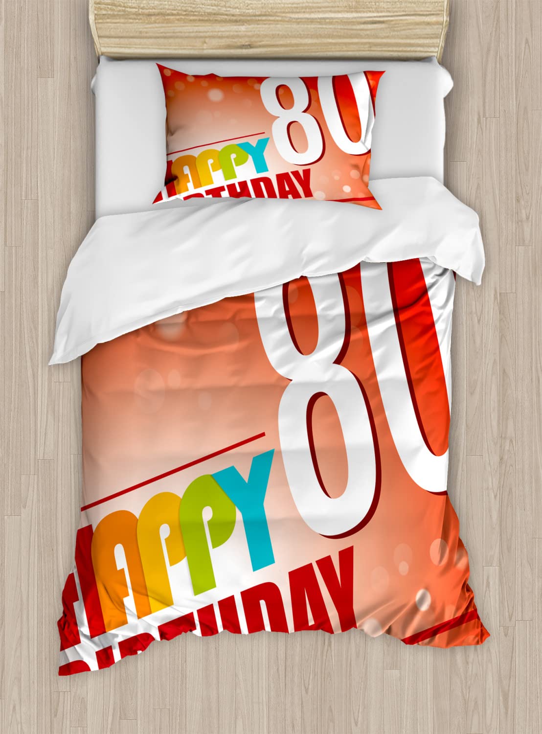 Ambesonne 80th Birthday Duvet Cover Set - King Size 2-Pack with 2 Duvet Covers & 4 Pillowcases - Vibrant Abstract Design in Red Vermilion & White - Perfect for 80th Birthday Parties, Anniversary Celebrations & Special Occasions