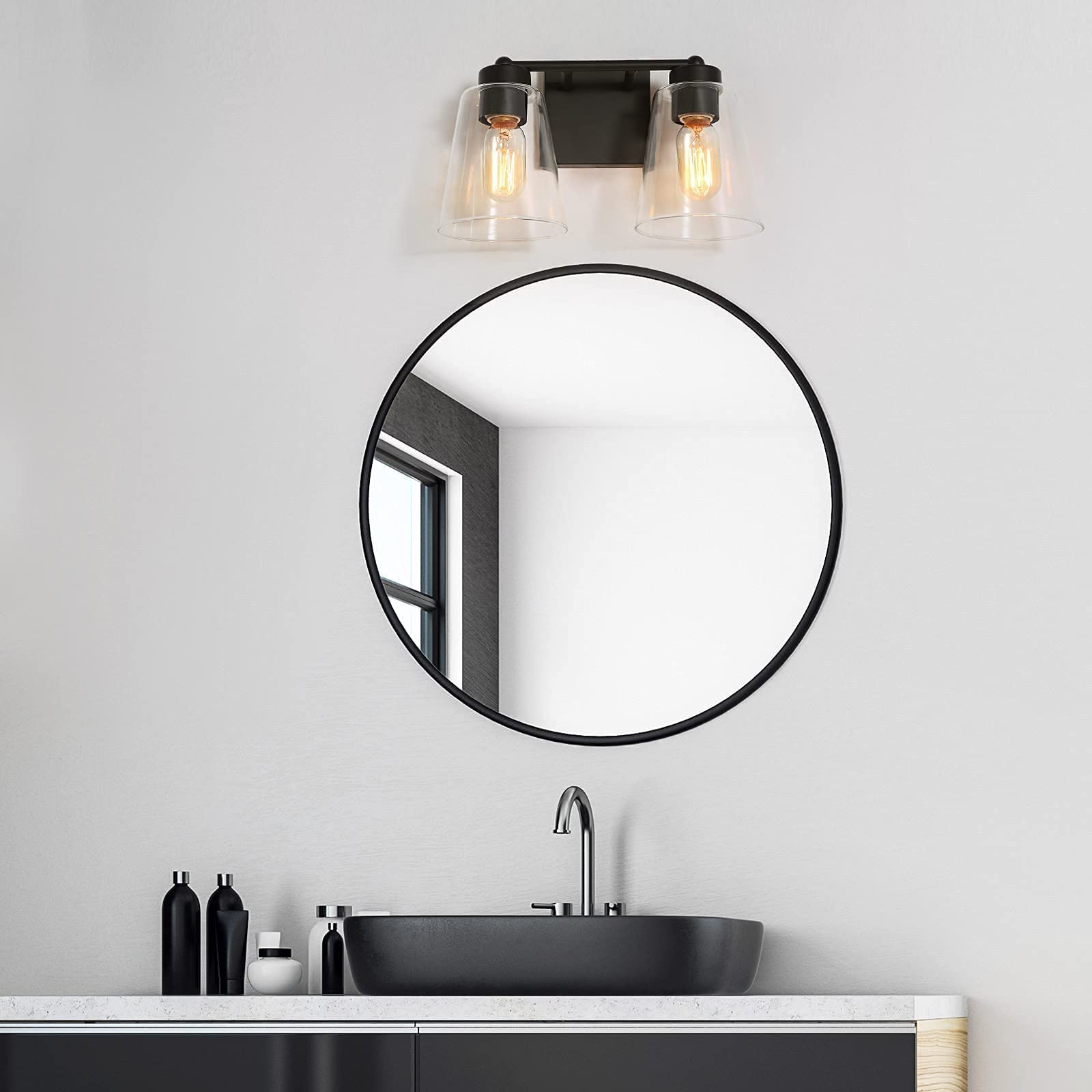Black Farmhouse Bathroom Vanity Light Fixture - 2-Light Rustic Sconce with Clear Glass Shade (13