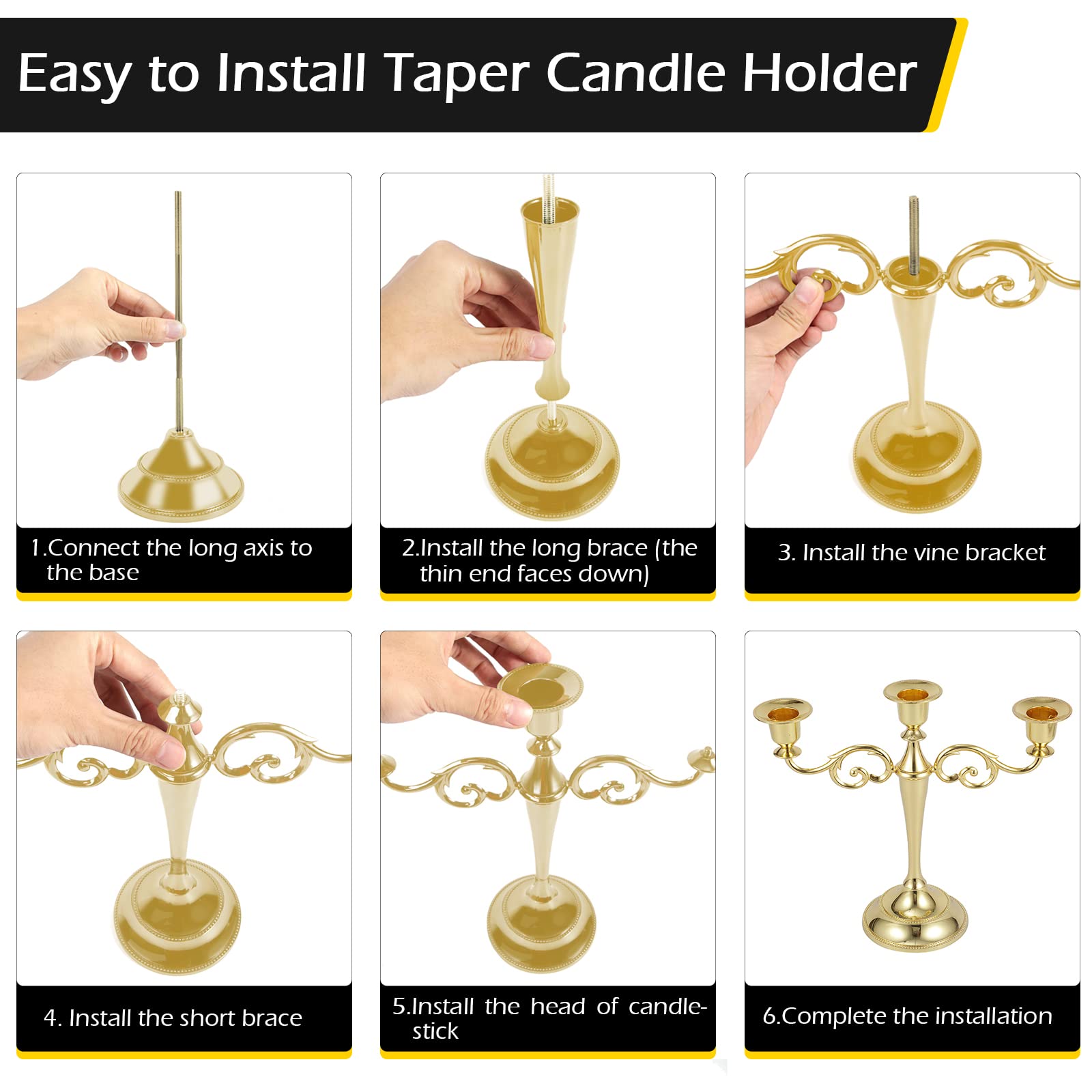 **Dyna-Living 3-Arm Gold Metal Candelabra Candle Holder Set (2pcs) - Elegant Tall Candlestick Stand for Long Taper Candles - Perfect for Weddings, Anniversaries, Parties & Home Decor**
