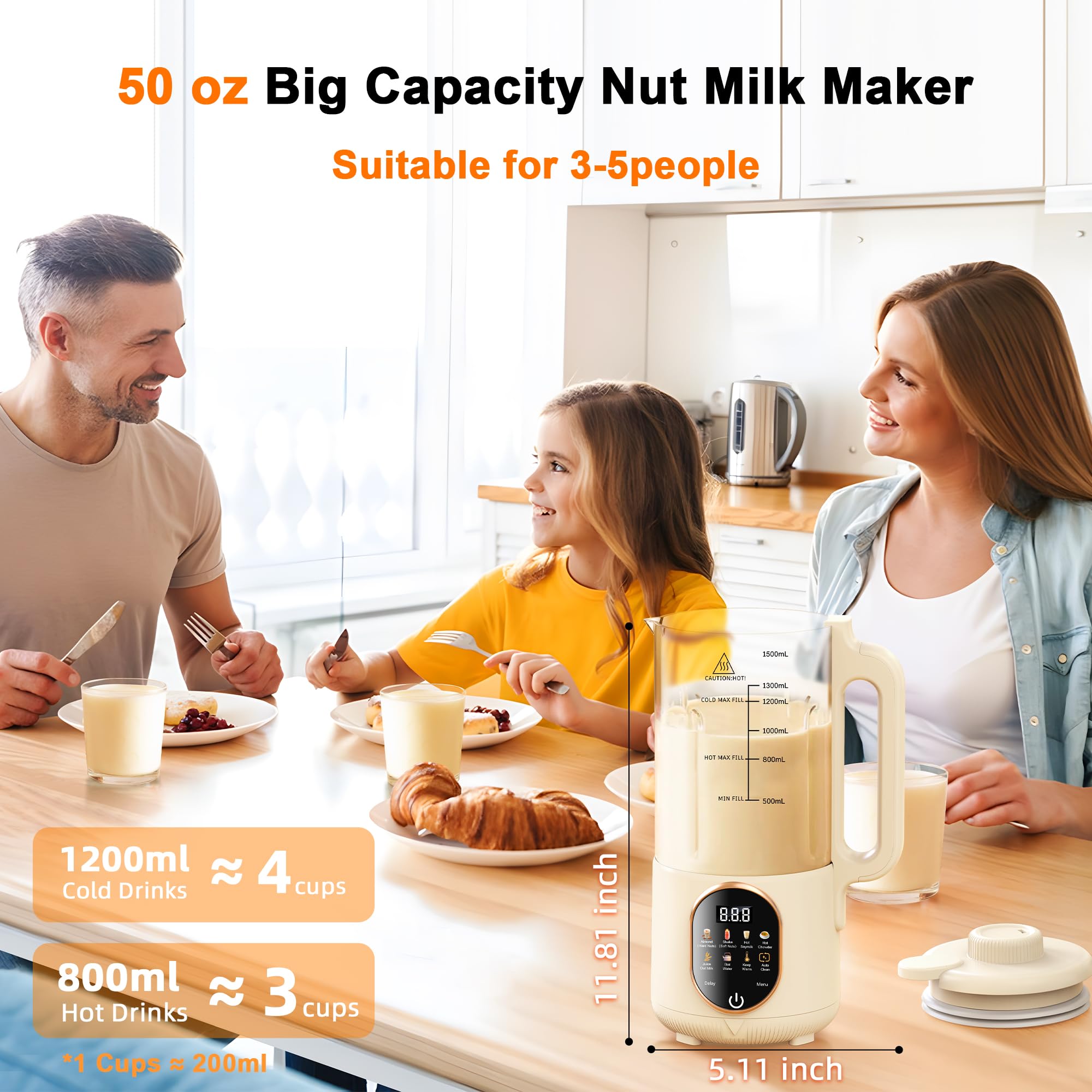 50oz Nut Milk Maker Machine - 10-in-1 Automatic Plant-Based Milk Maker for Homemade Oat, Almond, Coconut, Soy Milk with 20 Blades | Delay Start, Boil Water, Keep Warm & Auto Clean | Perfect for Vegan, Keto & Healthy Lifestyles | Great for Smoothies, Lattes & Cooking