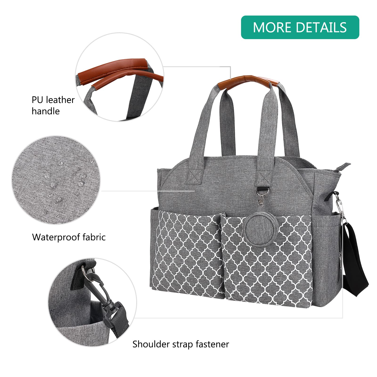 SONARIN Waterproof Baby Changing Bag - Large Capacity Diaper Tote for Travel & Outings (Grey)