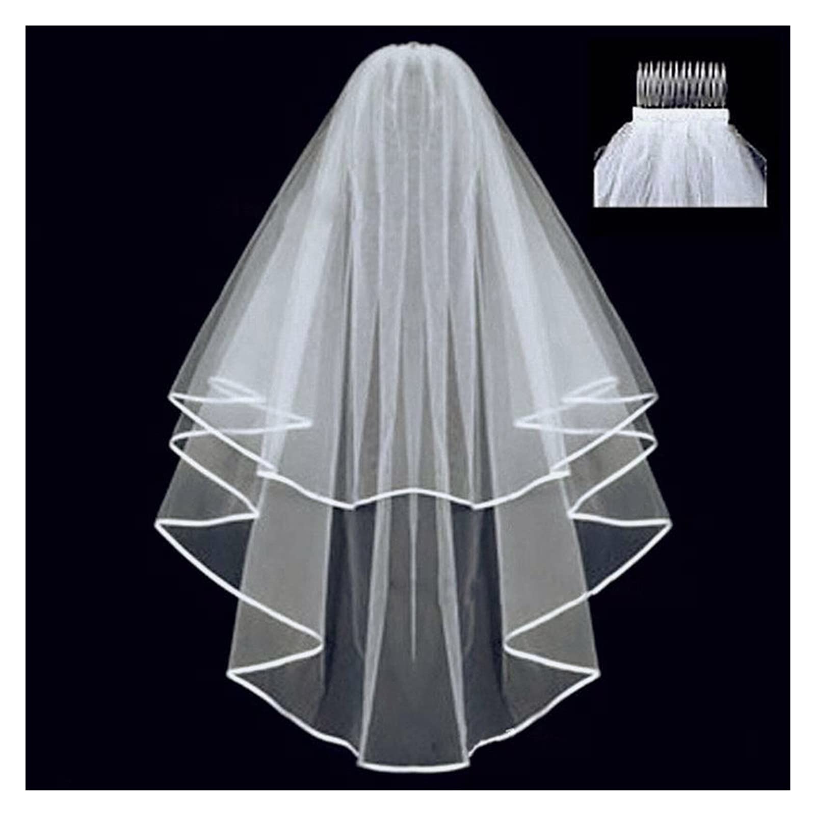 Elegant Two-Layer White Tulle Wedding Veil with Ribbon Edge & Comb - Perfect Bridal Accessory for Ceremony & Reception (Beige)