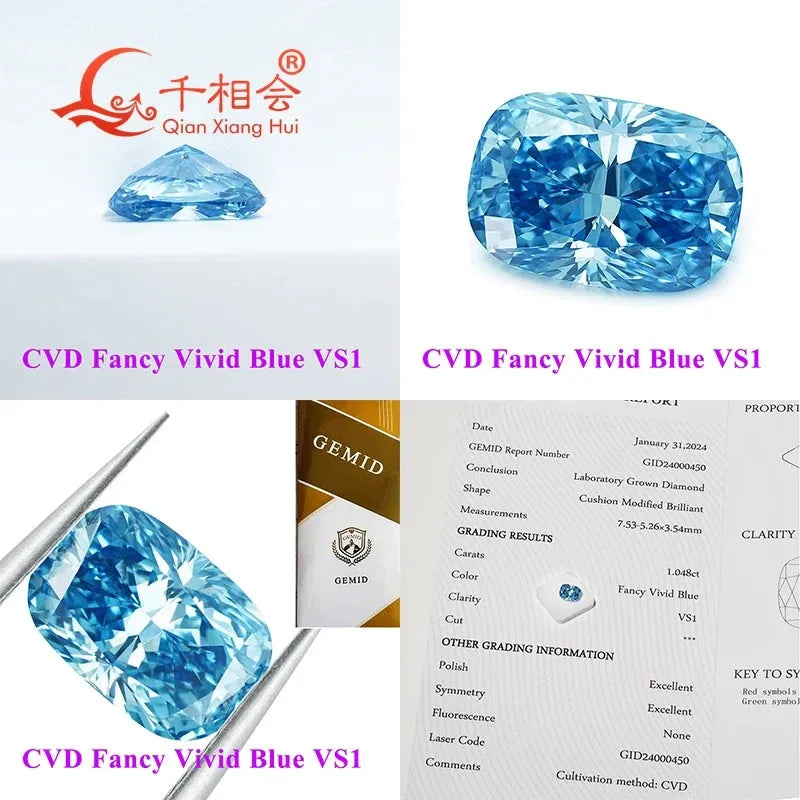 1ct & 2ct CVD Lab Grown Diamond - Fancy Vivid Aqua Blue, VS1 Clarity, Long Cushion Cut, GEMID Certified Loose Stone for Engagement Rings & Jewelry Making