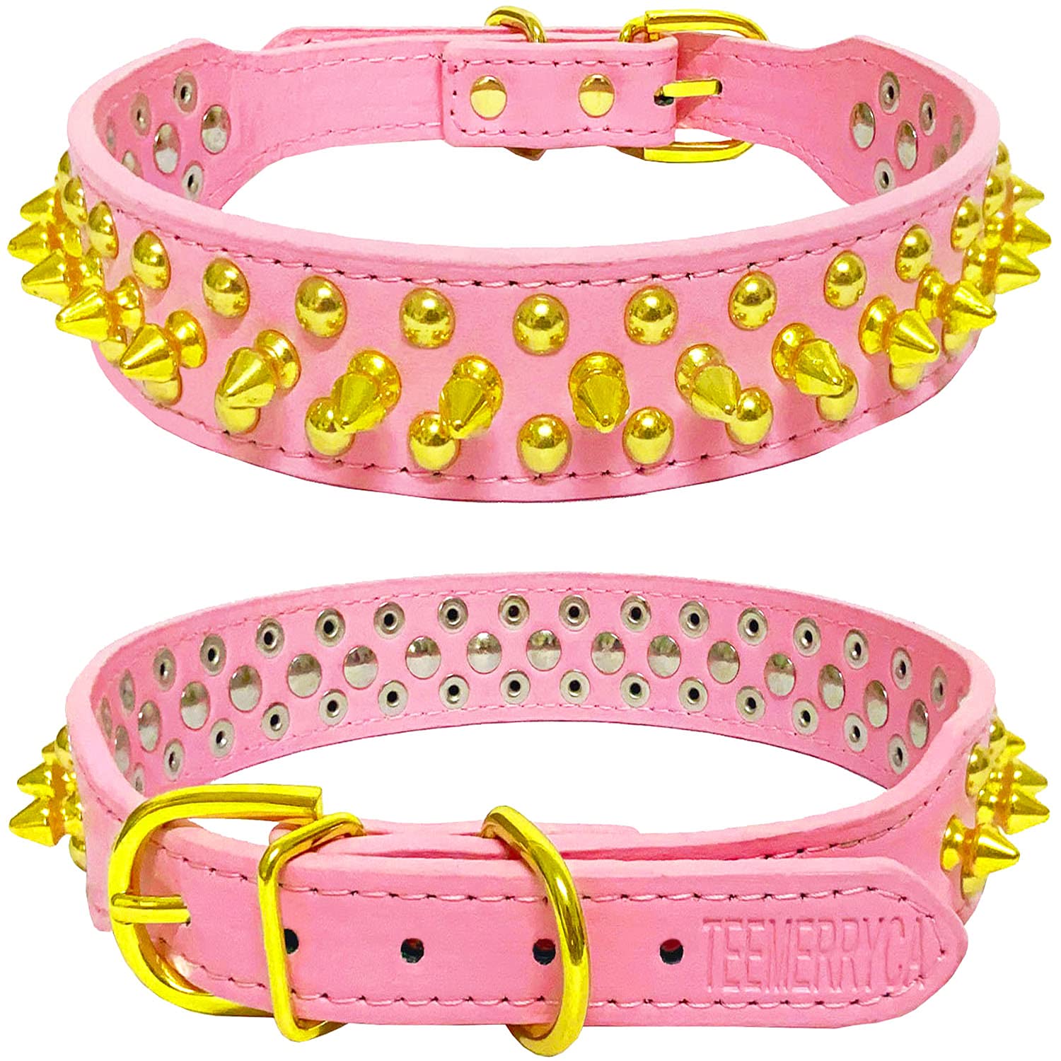 TEEMERRYCA Pink Leather Dog Collar with Gold Spikes for Small, Medium & Large Dogs - Pit Bulls, Bulldogs & Puppies - Adjustable 8.3