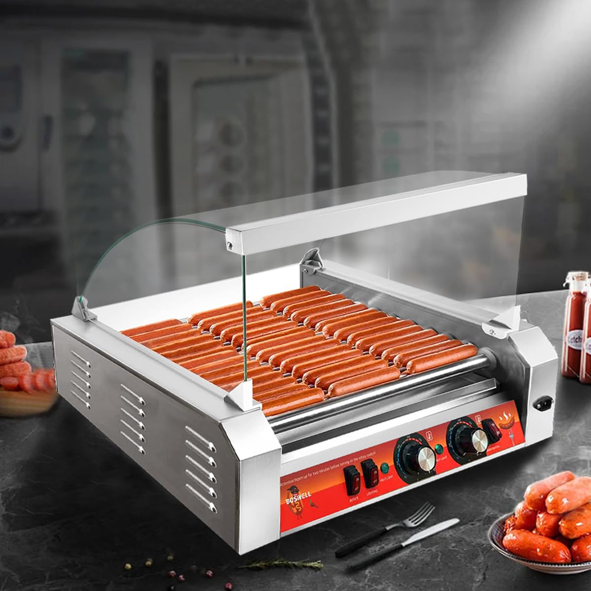1670W Commercial Hot Dog Roller Grill Machine - 11 Non-Stick Stainless Steel Rollers, Holds 30 Hot Dogs with Removable Glass Cover - Perfect for Convenience Stores, Snack Bars, Food Trucks & Events