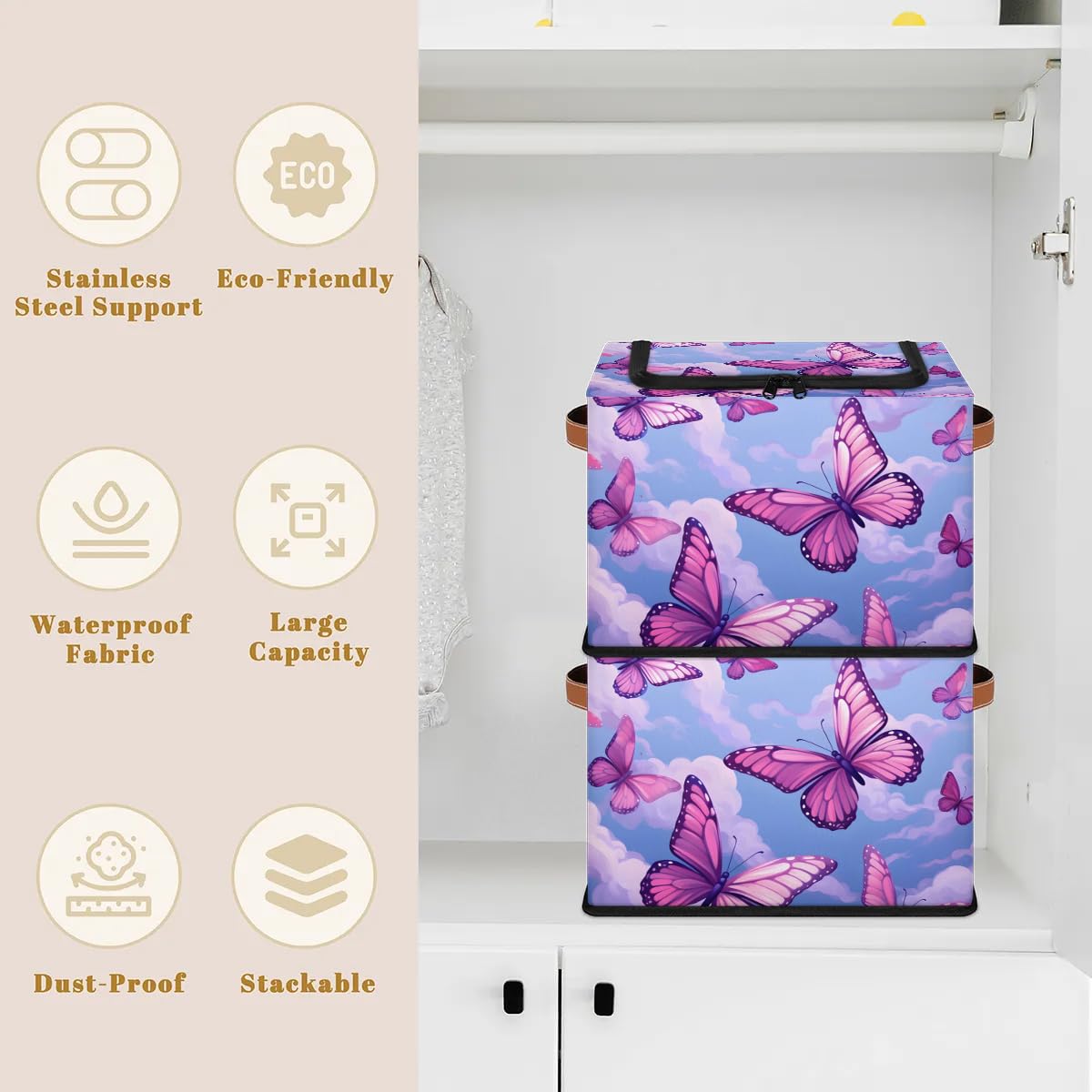 Collapsible Storage Bins with Lids - Purple Butterfly Design Stackable Fabric Storage Cubes | Dustproof Closet Organizer for Clothes, Toys, Blankets | Perfect for Bedroom, Nursery & Home Organization