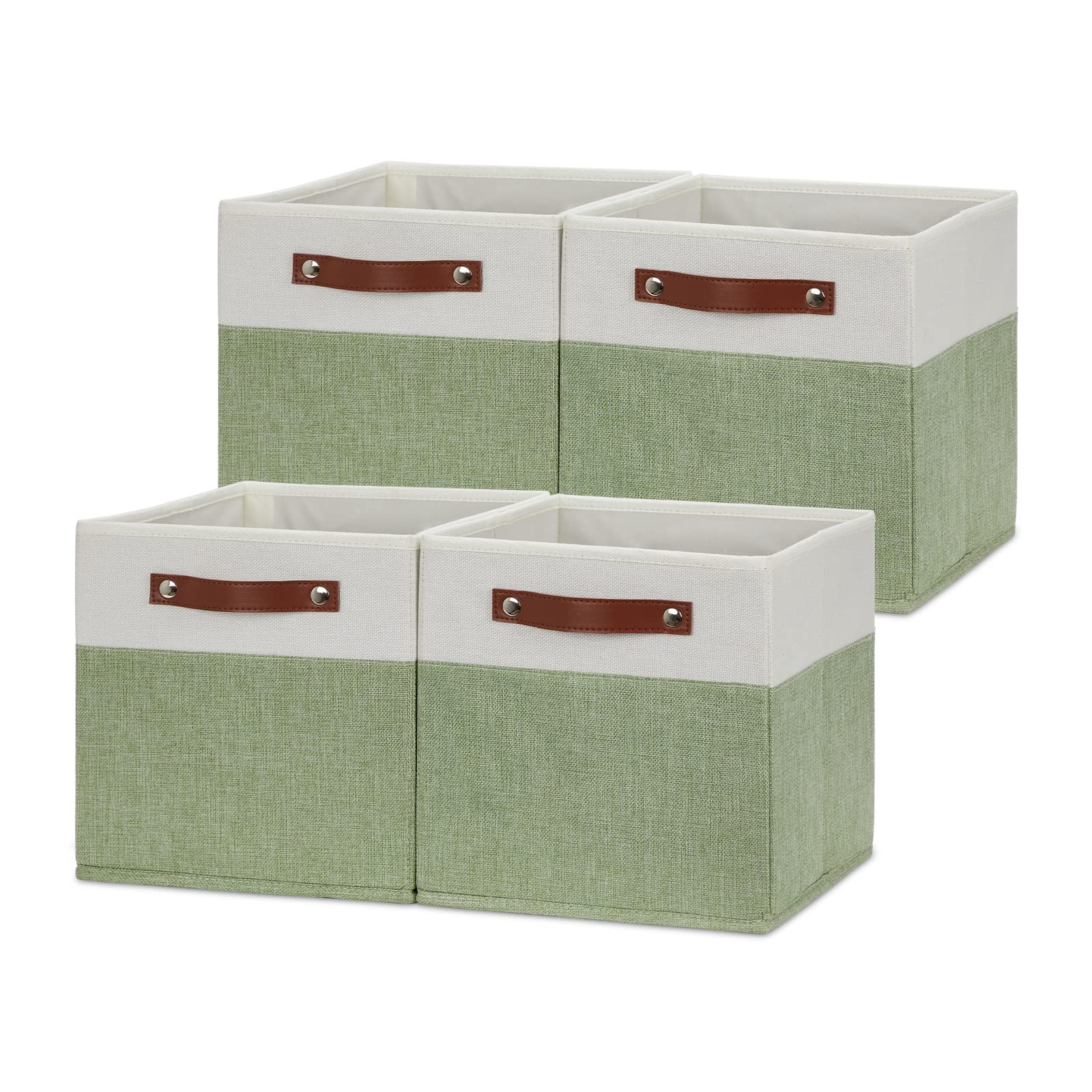 HNZIGE 11x11 Inch Fabric Storage Bins, Set of 4 Foldable Cube Organizer Bins with Handles for Shelves - Green & White | Perfect for Home Organization, Nursery, Closet & Toy Storage