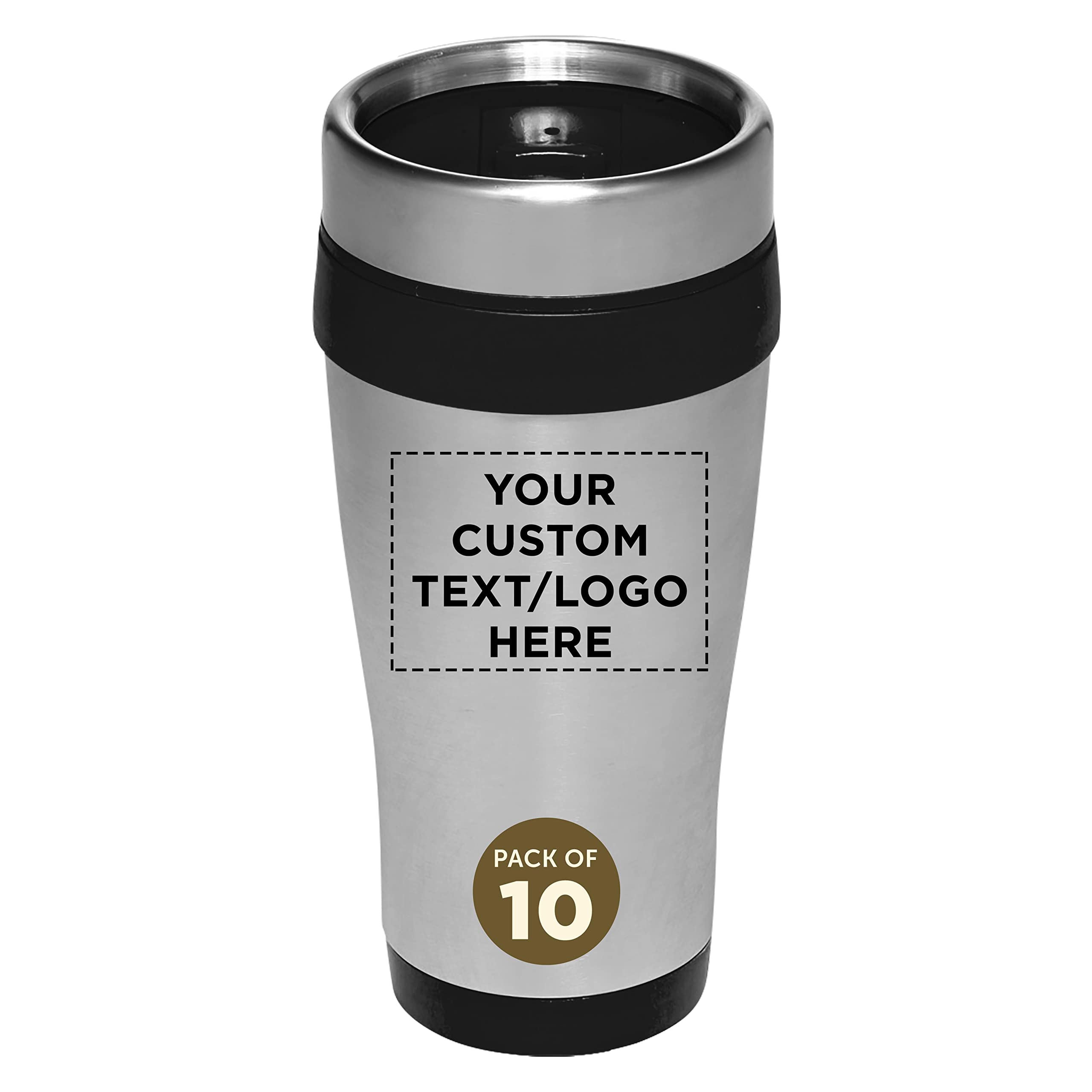 Custom Insulated Stainless Steel Travel Mugs 16 oz (10-Pack) - Personalized Bulk Coffee Cups for Hot & Cold Beverages - Black - Ideal for Office, Camping, Commuting & Gifts