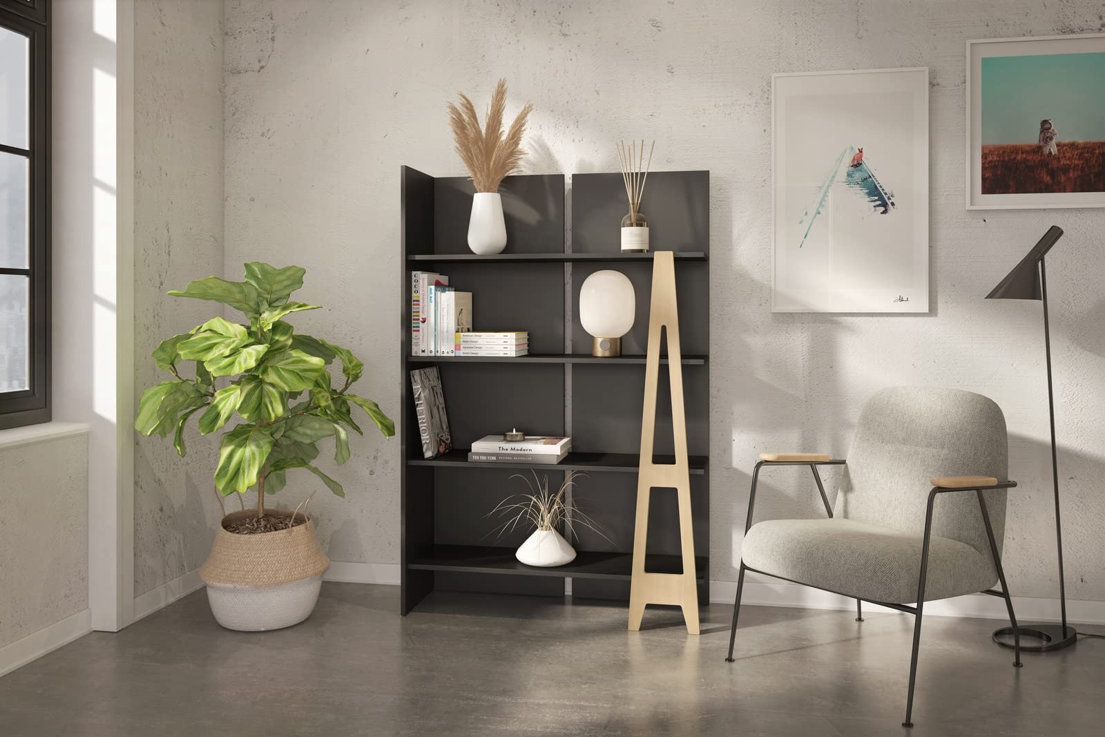 Nexera 608506 Modern Atypik Bookcase - Black & Birch Plywood Bookshelf for Home Office, Living Room, and Bedroom Storage