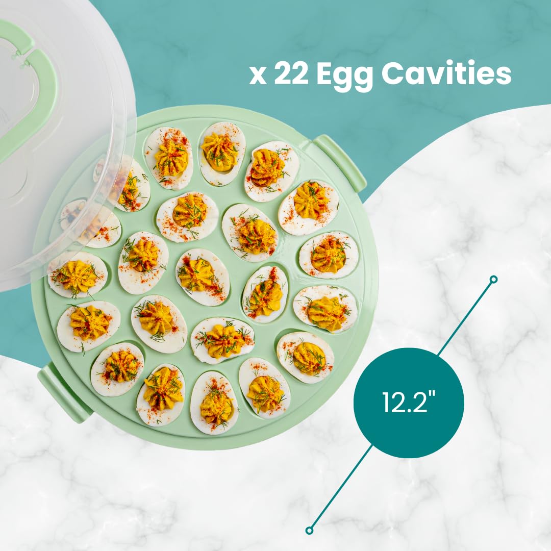 Premium Deviled Egg Carrier with Lid & Handles - Elegant 22-Egg Serving Tray for Holidays, Parties & Picnics - Portable & Dishwasher Safe Deviled Egg Platter - Perfect for Easter, Thanksgiving & Potlucks - Green