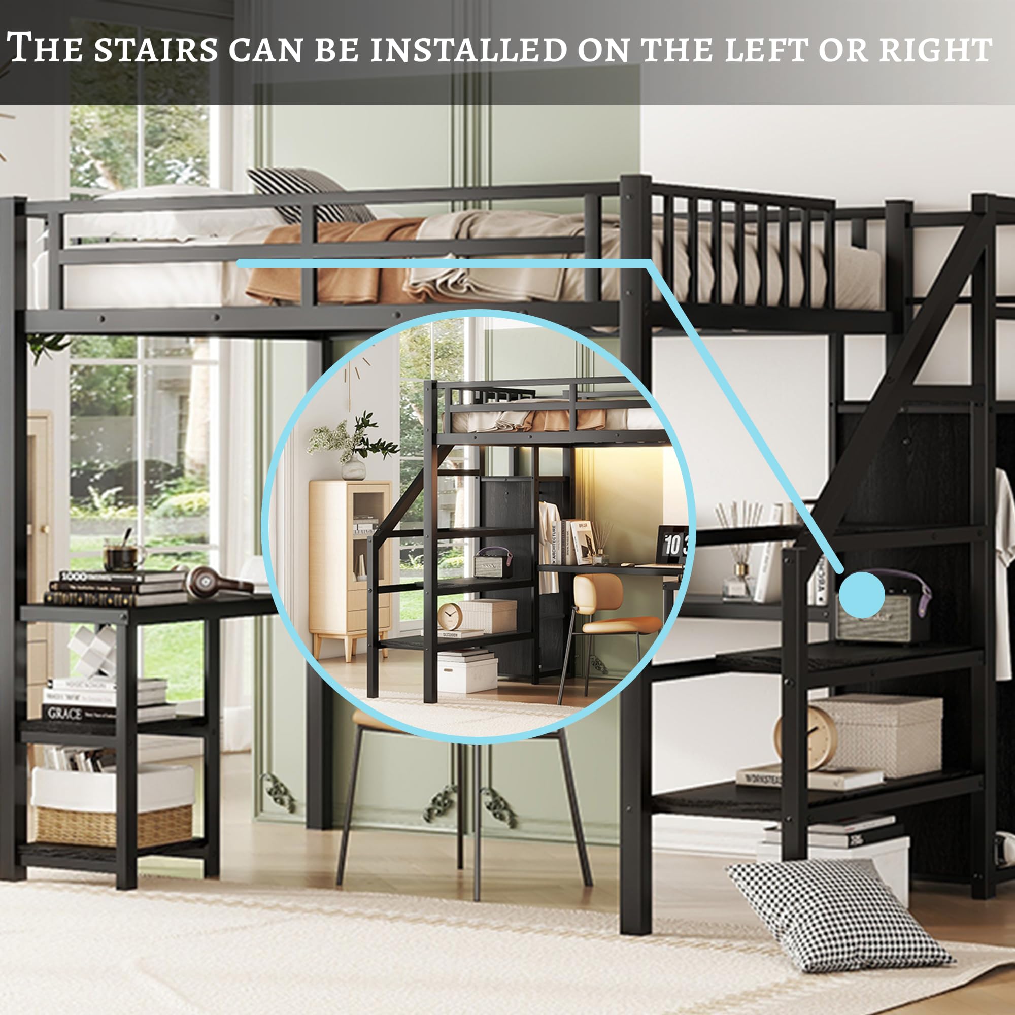 Full Size Metal Loft Bed with Stairs, Desk & RGB LED Lights - Heavy Duty Steel Gaming Loft Bed Frame with Storage Wardrobe, Shelves & Charging Station for Adults, Teens & Kids - Perfect for Small Spaces, Dorm Rooms & Gaming Setups (Black)