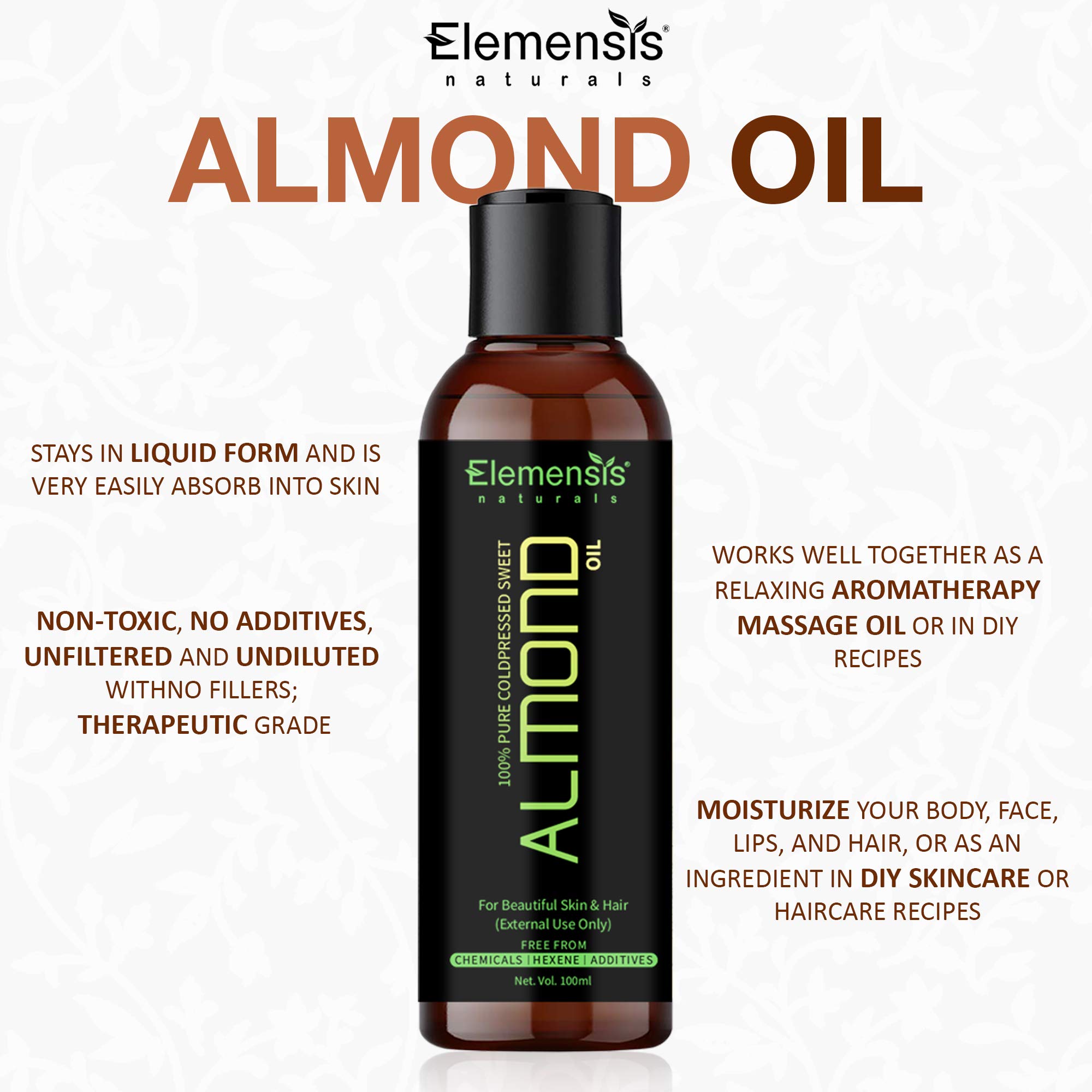 Elemensis Naturals 100% Pure Cold Pressed Almond Oil for Hair Growth & Skin Care - 100ml | Natural Moisturizer for Dry Scalp, Split Ends & Glowing Skin