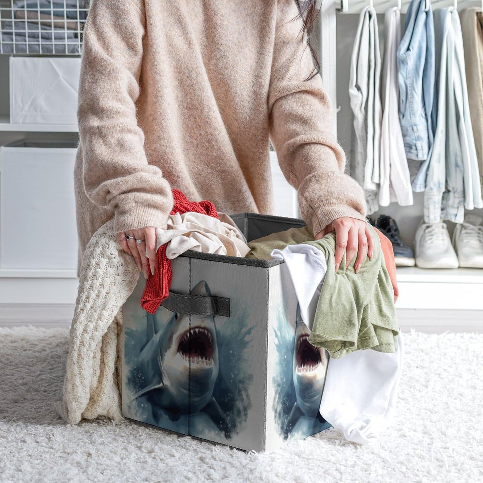 Collapsible Storage Cubes with Handles - 10.6×10.6 Inch Foldable Organizer Bins | Shark in The Sea Printed Fabric Baskets for Home, Office & Kids Room Organization