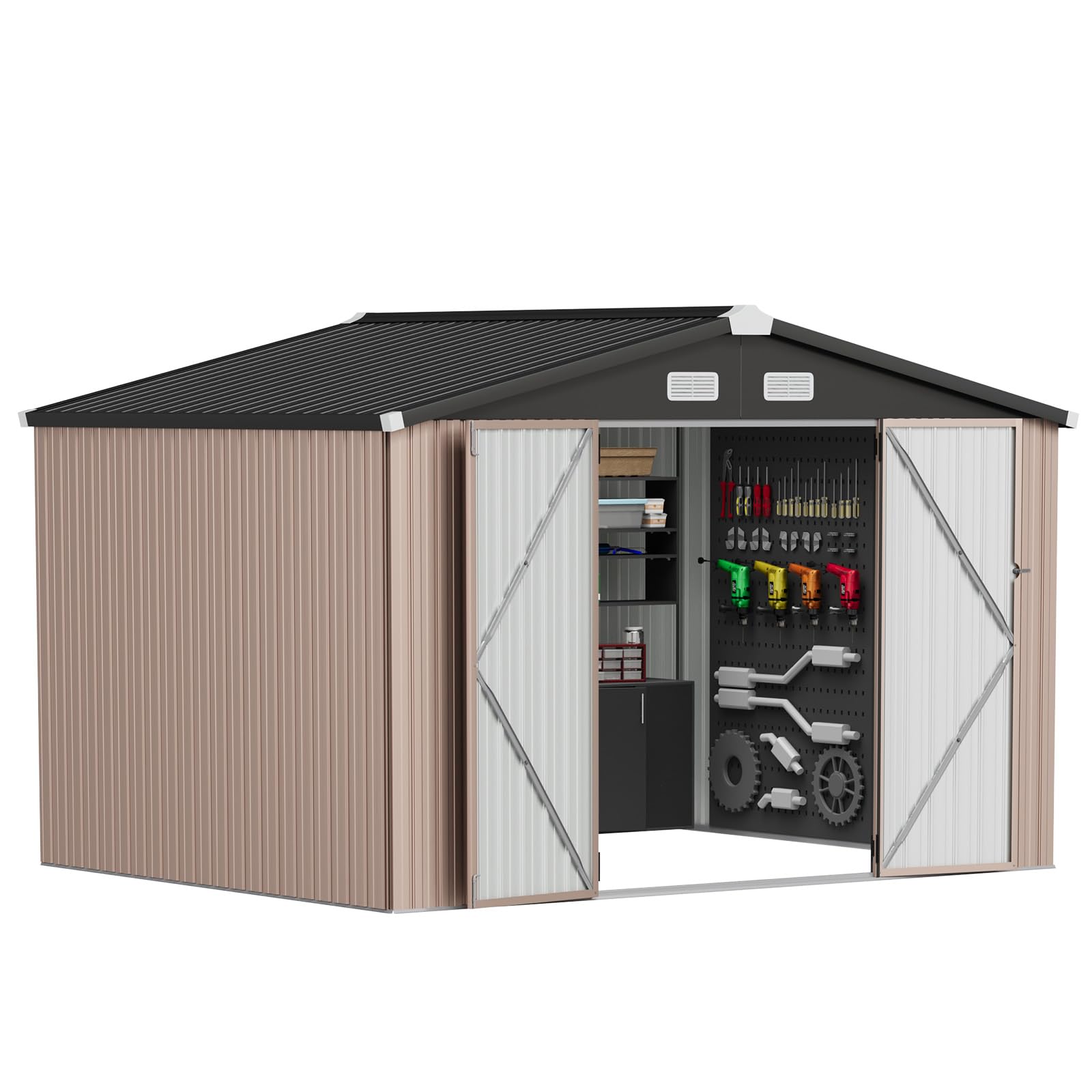 Oneinmil 10x8 FT Outdoor Storage Shed - Durable Metal Tool Shed with Lockable Door, Weather-Resistant Garden Shed for Backyard, Patio & Lawn (Brown) | Perfect for Storing Tools, Equipment & Outdoor Gear