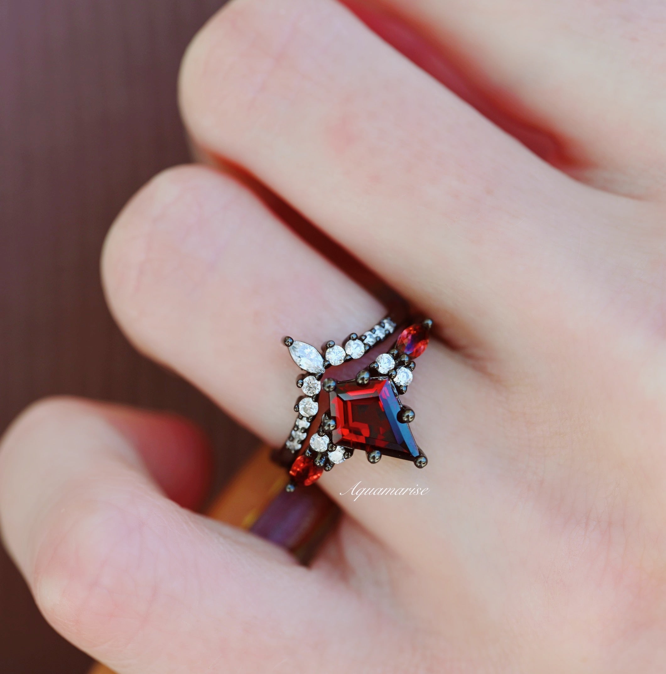 Skye Kite™ Natural Red Garnet Engagement Ring Set in Black Rhodium - Perfect for Proposals, Anniversaries & Romantic Gifts