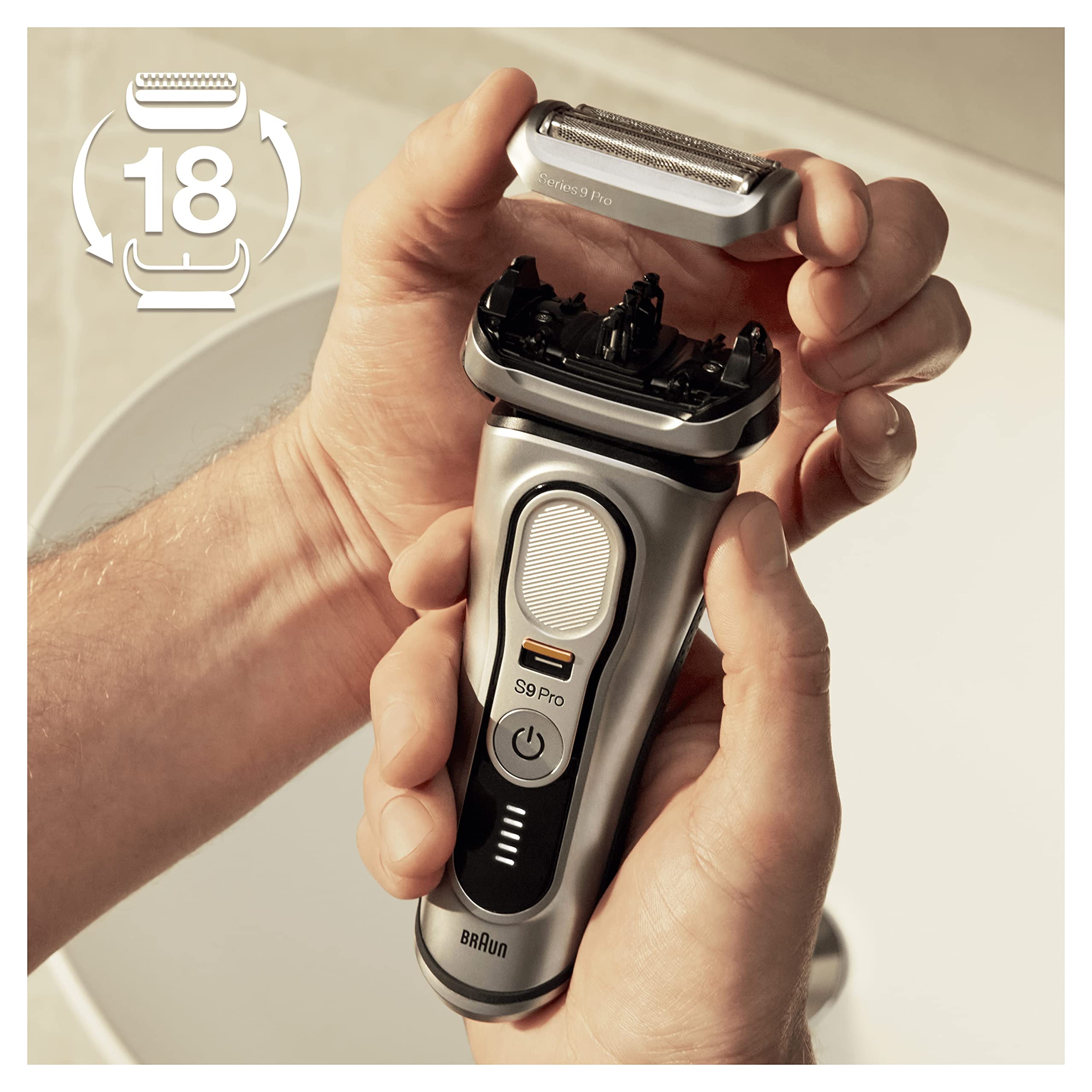 Braun Series 9 Pro Electric Shaver for Men - 4+1 Shaving Head with ProLift Trimmer, Charging Stand & Travel Case - 94M Replacement Head Included - Silver - Perfect for Travel, Business & Daily Grooming