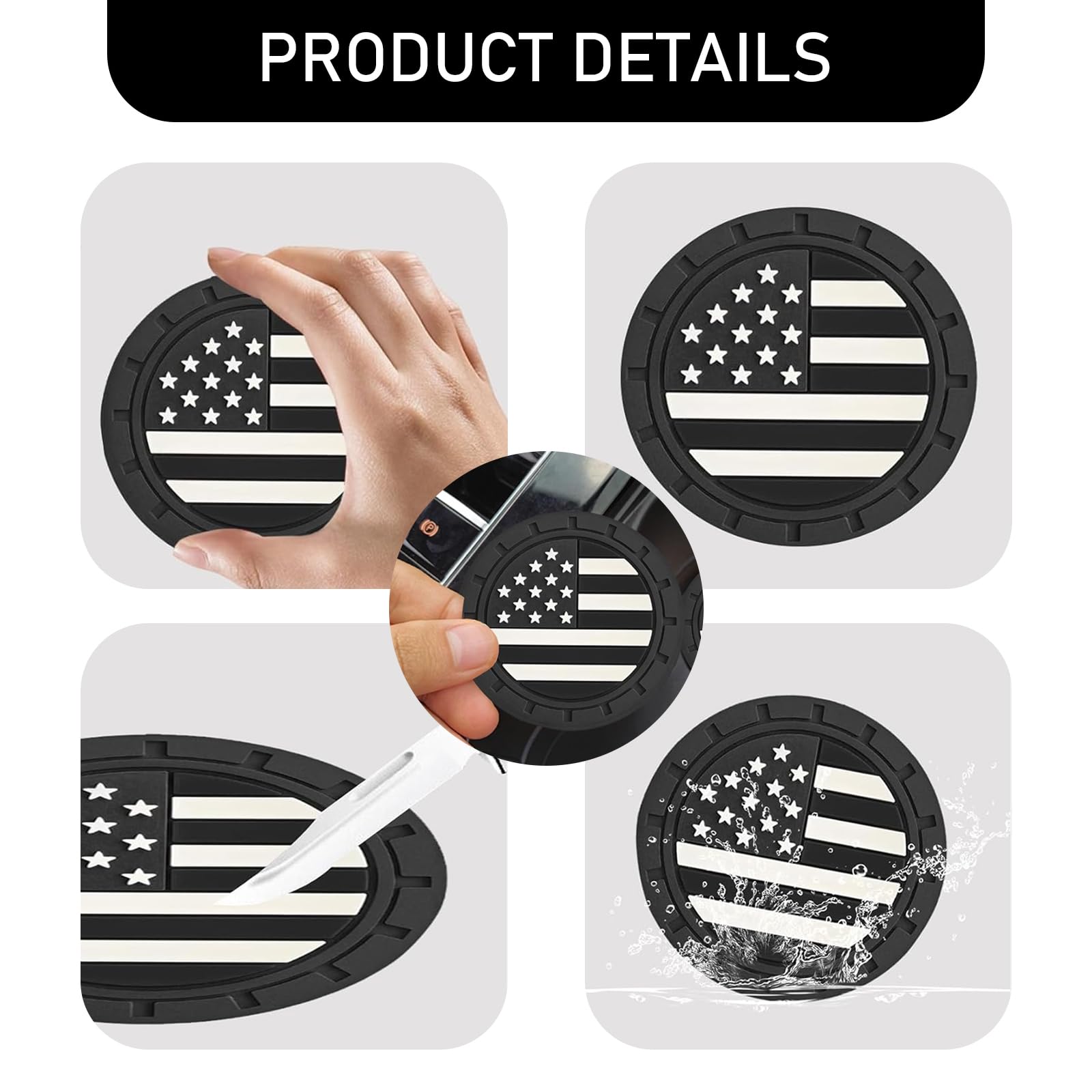 4-Pack American Flag Car Cup Holder Coasters - 2.75 Inch Non-Slip Shockproof Drink Mats for Vehicles - Universal Car Interior Accessories (Black) - Perfect for Road Trips, Commuting and Daily Driving