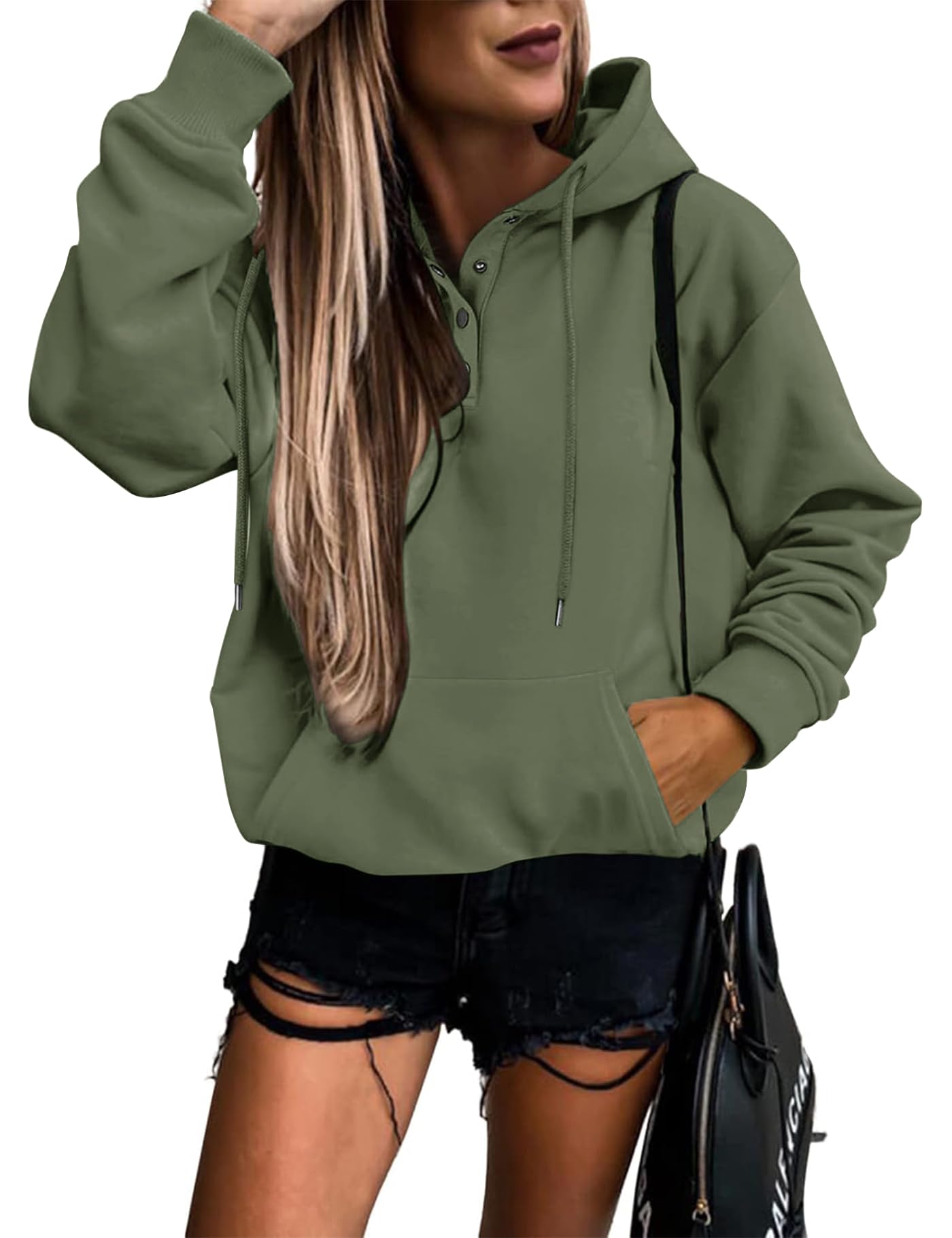 Vivitulip Women's Casual Button Down Long Sleeve Pullover Hoodie with Pocket - Soft Fleece Sweatshirt for Everyday Wear, Lounge & Outdoor Activities