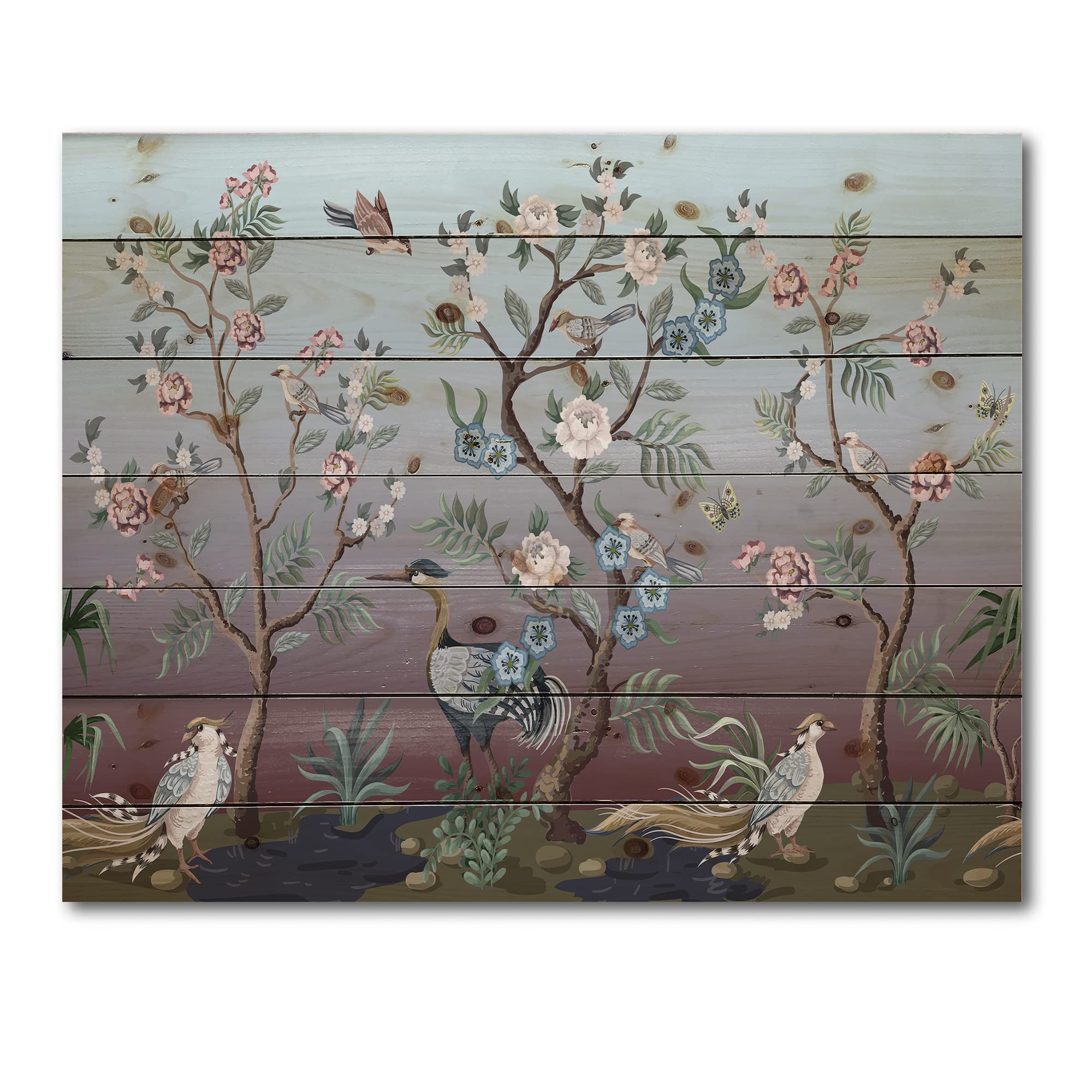 DesignQ Chinoiserie Blue Traditional Wood Wall Art with Birds & Peonies - Handcrafted Pine Wood Wall Decor for Living Room, Bedroom & Office