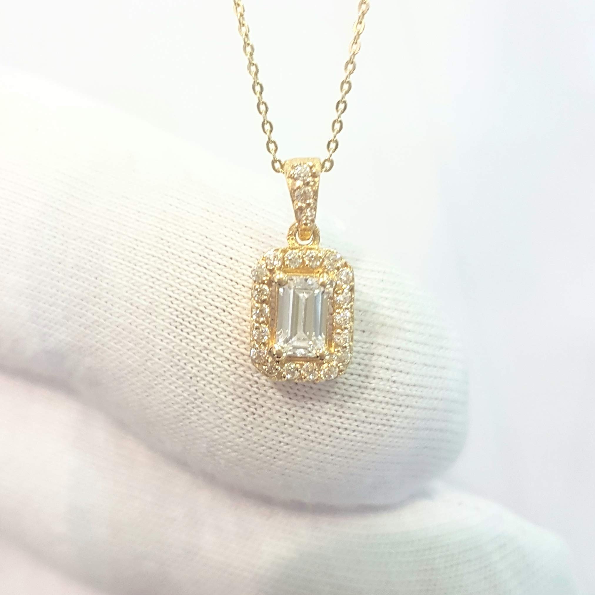 14K Real Solid Gold Baguette Halo Charm Pendant Necklace for Women - Elegant Jewelry Gift for Wife, Girlfriend, Mom - Perfect for Birthday, Anniversary & Special Occasions