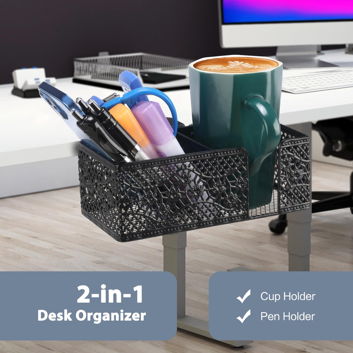 Clip-On Desk Organizer with Cup Holder, Pencil Storage & Phone Stand - Space-Saving Office & School Accessories for Beverages, Stationery & Devices - Perfect for Work, Study & Home Organization