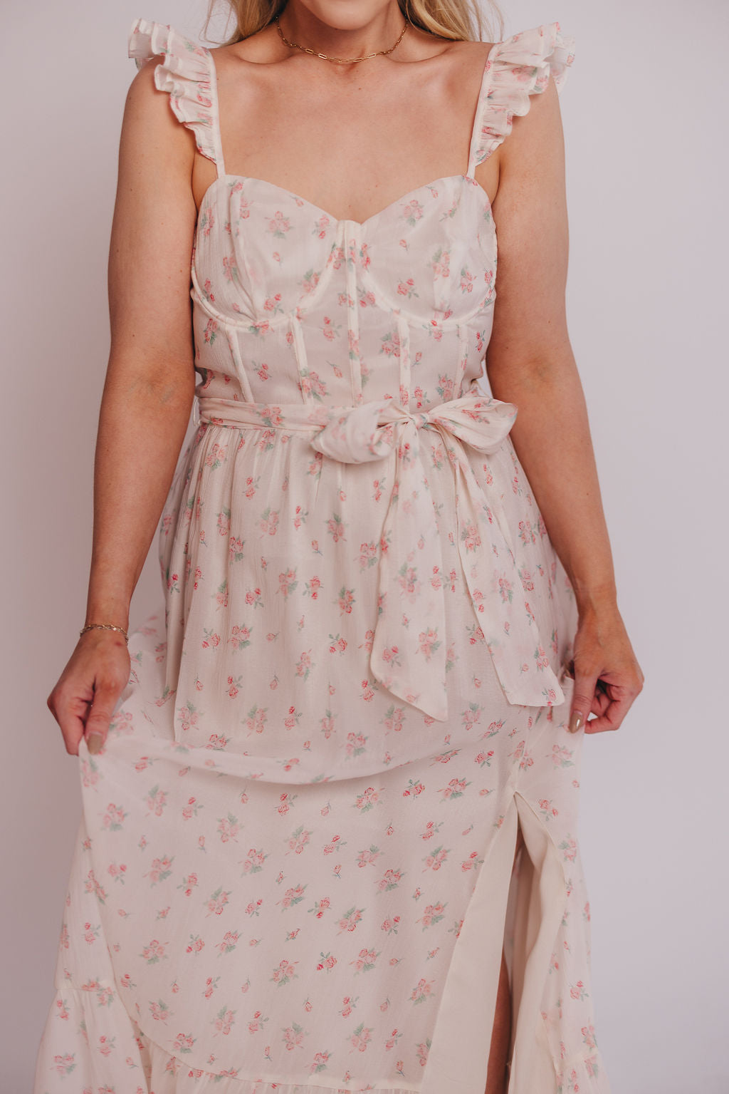 Rosamund Bustier Style Maxi Dress - Floral Blush Pink Women's Plus Size Dress (S-3XL) | Perfect for Weddings, Parties & Summer Vacations