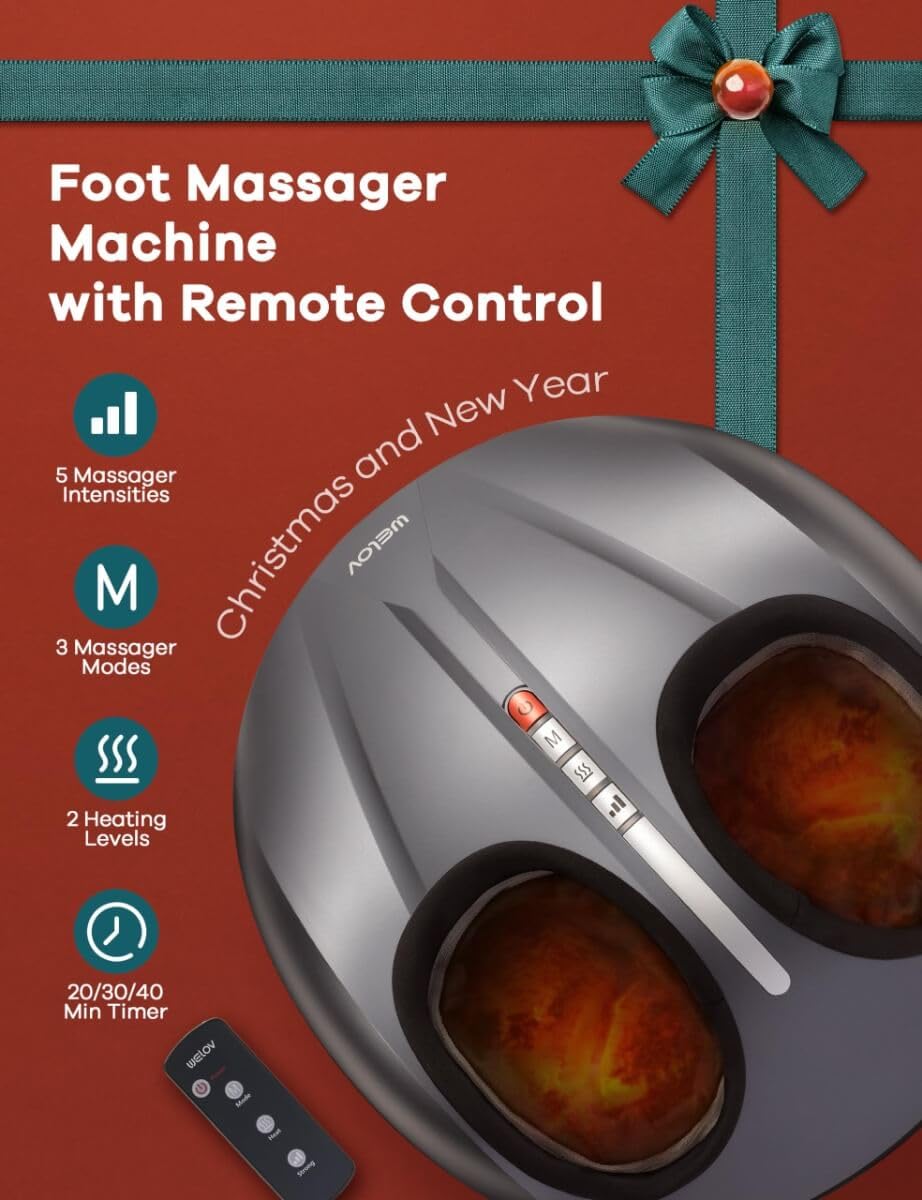 Deep-Kneading Foot Massager Machine with 5 Intensity Levels - Shiatsu, Compression & Heat Therapy for Neuropathy & Plantar Fasciitis - Fits Up to Size 12 Feet - Perfect for Home Relaxation, Office Stress Relief & Christmas Gifts