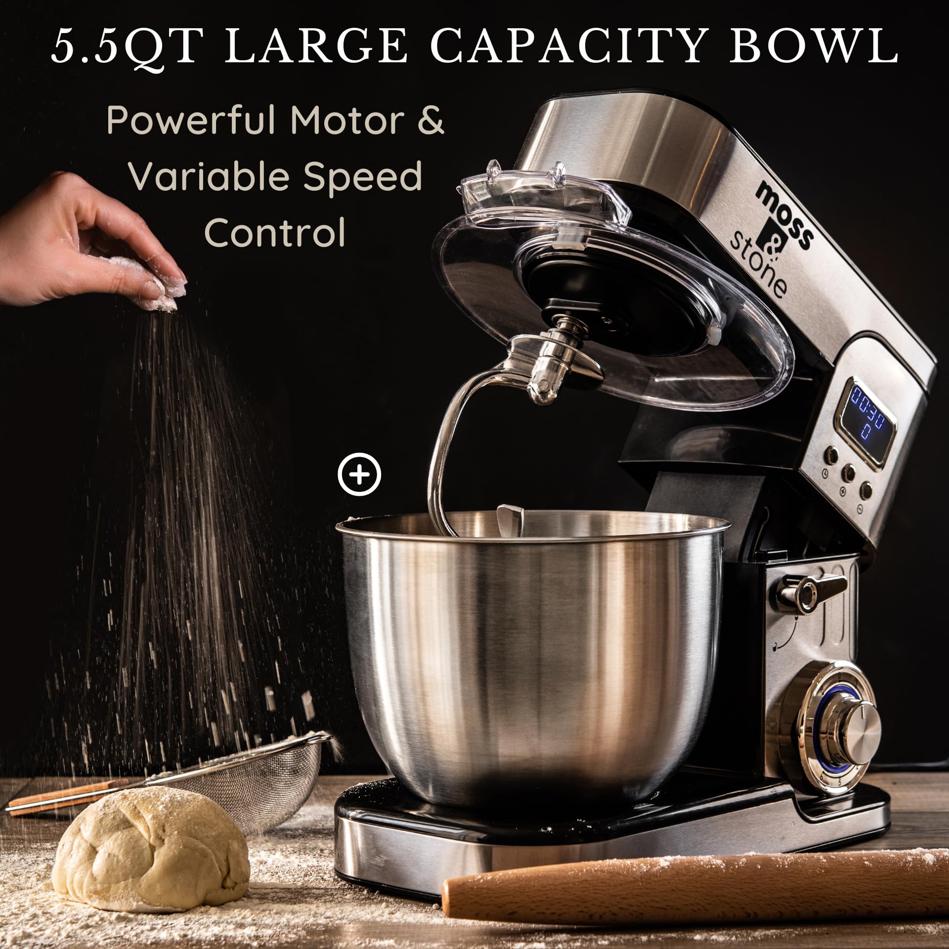 6-Speed Stand Mixer with LCD Display & 5.5QT Stainless Bowl - Includes Dough Hook, Egg Whisk, Beater & Spatula - Perfect for Baking Cakes, Cookies, Bread & Pastries - Kitchen Electric Mixer with Timer for Home Bakers