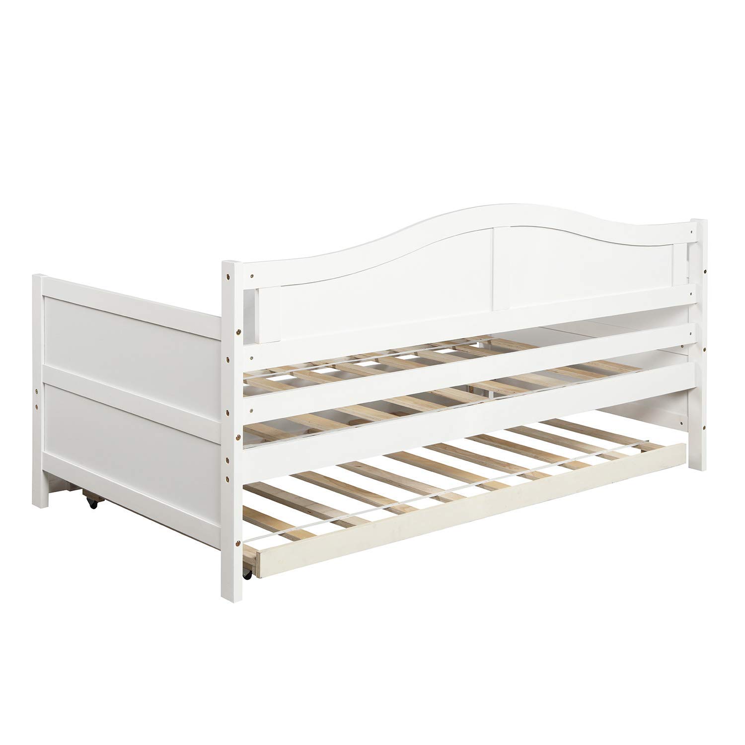 Twin Size Mera Wood Daybed with Trundle - Convertible Sofa Bed Frame, No Box Spring Needed (White) - Perfect for Guest Rooms, Dormitories & Small Space Living