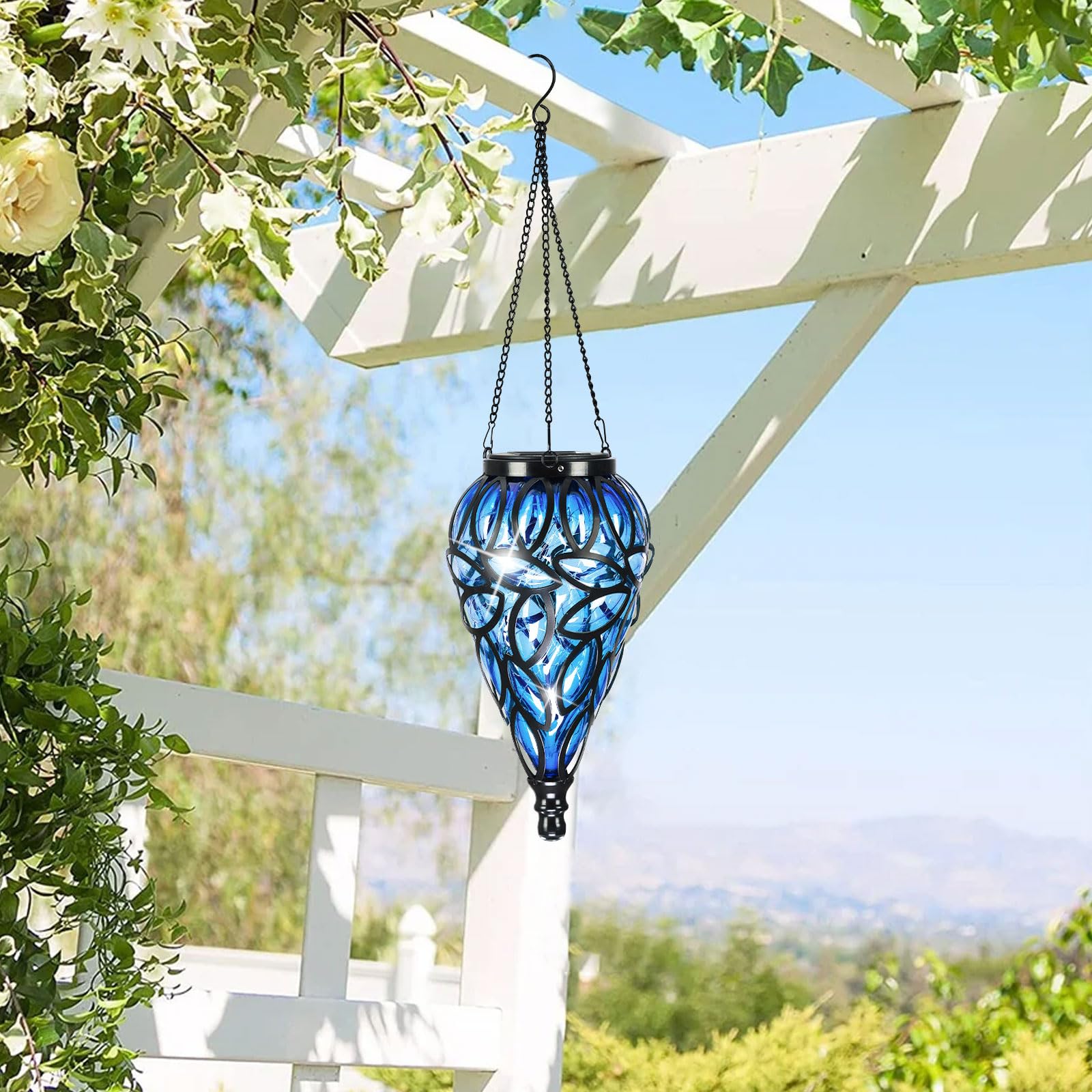 Solar Hanging Lantern Outdoor Lights - 15 LED Waterproof Tear-Shaped Cool White Garden Lights with S Hooks for Yard, Pathway, Front Door & Landscape Decor | Perfect for Patio, Wedding, Party & Holiday Lighting