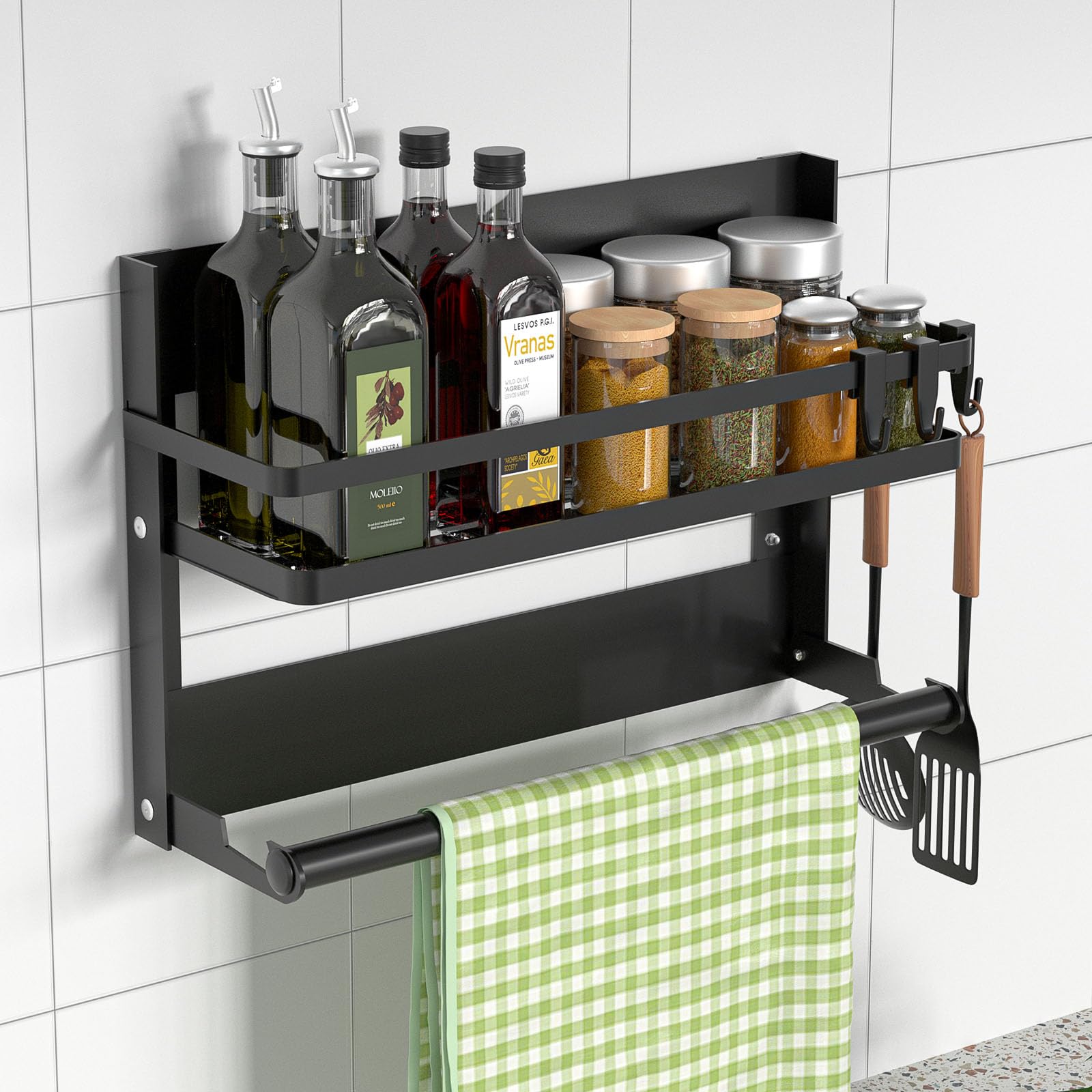 DUNSOO Spice Rack Wall Mount with Kitchen Roll Holder & 4 Hooks, No-Drill Stainless Steel Shelf for Kitchen & Bathroom Organization, Black – Perfect for Small Spaces and Modern Homes