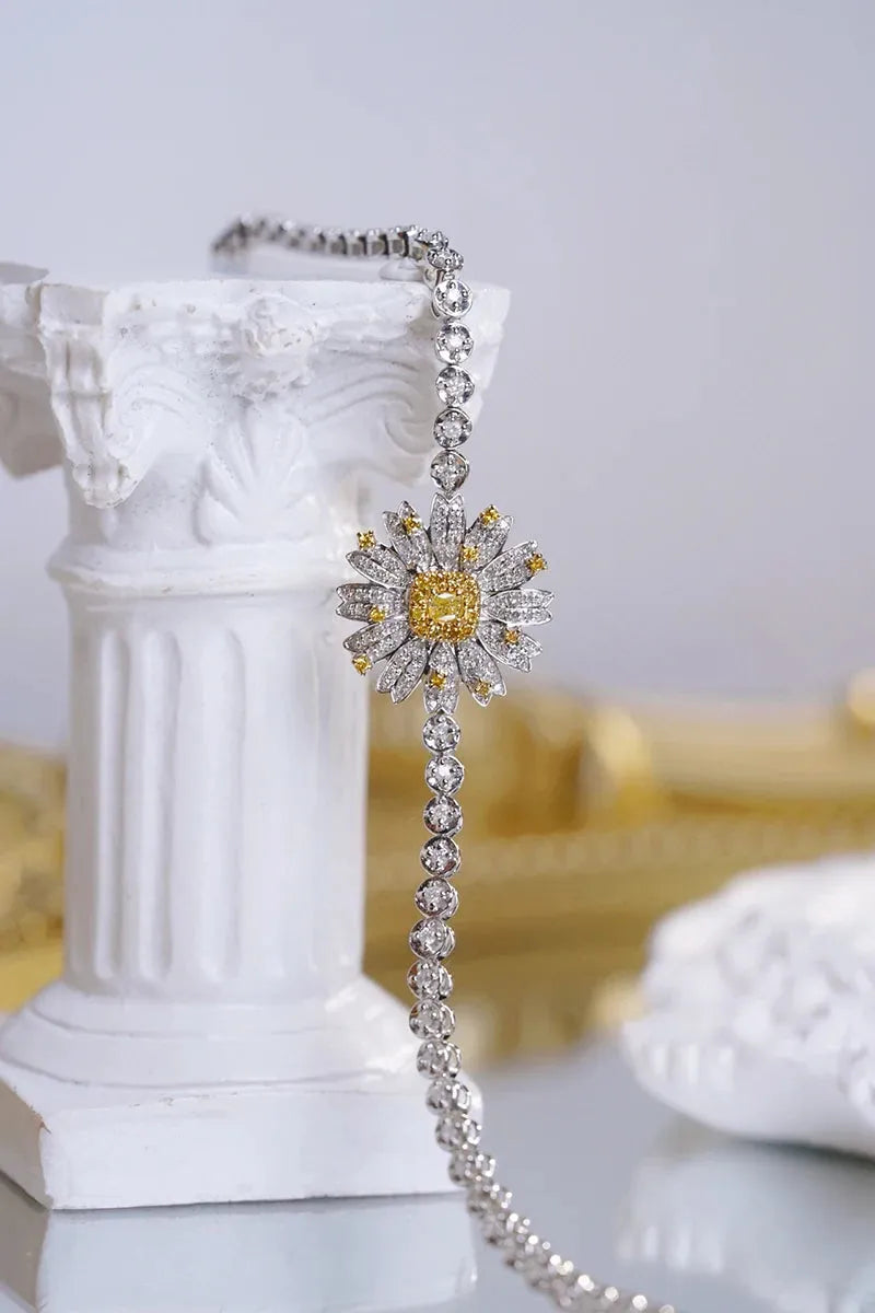 18K White Gold Daisy Bracelet for Women - Real Natural White & Yellow Diamond Wedding Jewelry | Elegant Daisy Design, High-Quality Gift for Brides, Anniversaries & Special Occasions