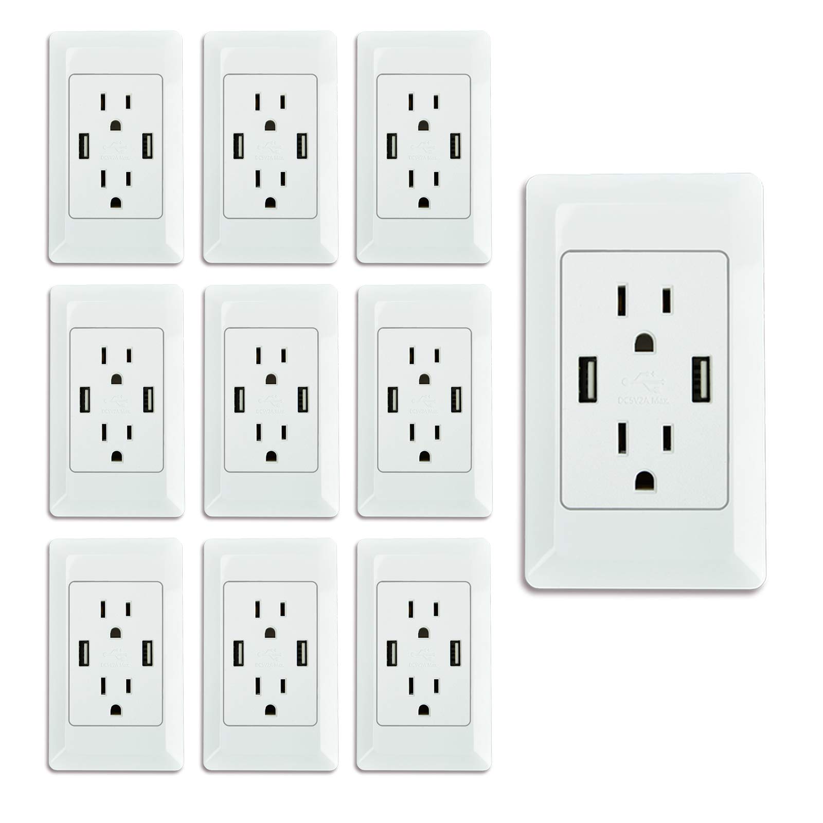 NineLeaf 10-Pack 2A High-Speed USB Charger Outlet, 15A Duplex Receptacle with 6 Screwless Wall Plates & Dual USB Ports - Perfect for Home, Office, and Hotel Charging Stations