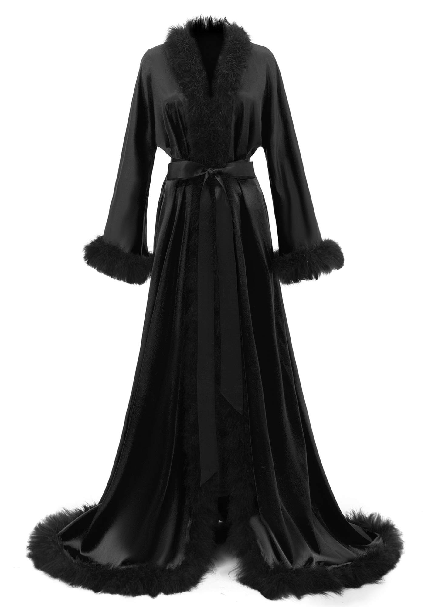 Luxury Women's Feather Trim Silk Satin Bridal Robe - Elegant Wedding Party Nightgown & Lingerie Dressing Gown for Honeymoon, Bachelorette Party & Bridal Shower