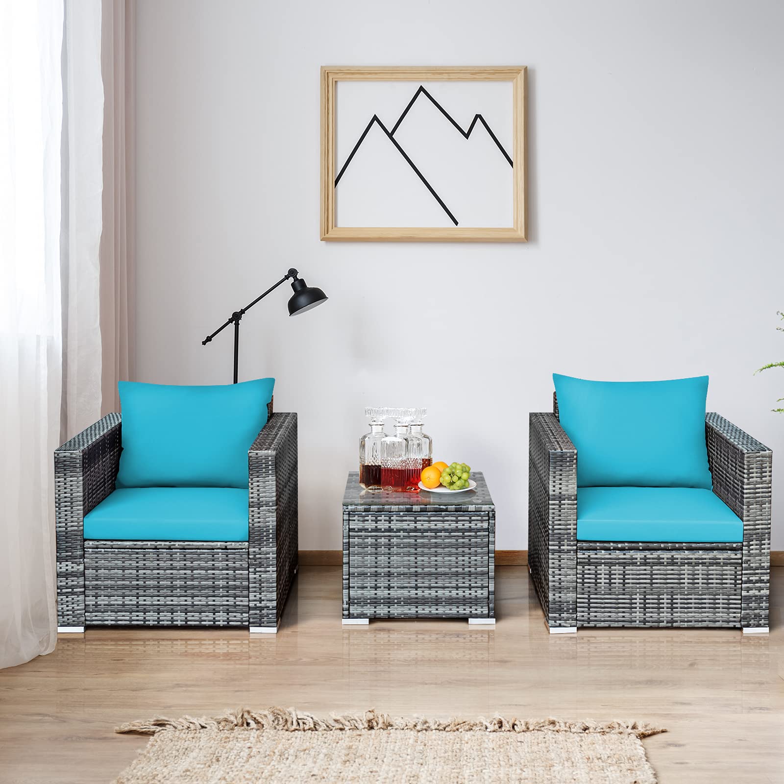 Tangkula 3-Piece PE Rattan Patio Furniture Set with Washable Cushions & Tempered Glass Table - Outdoor Wicker Sofa Conversation Set for Garden, Poolside, Backyard, Deck or Balcony Relaxation