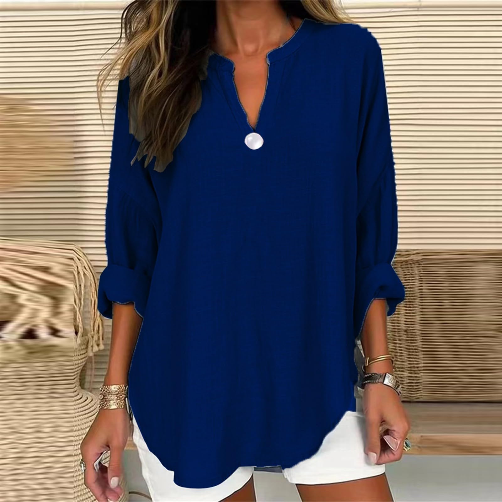 GIERIDUC Women's Long Sleeve Oversized T-Shirt - V-Neck Loose Casual Tunic Top with Side Slit & Roll-Up Sleeves | Soft Comfortable Blouse for Everyday Wear, Work & Weekend Outfits