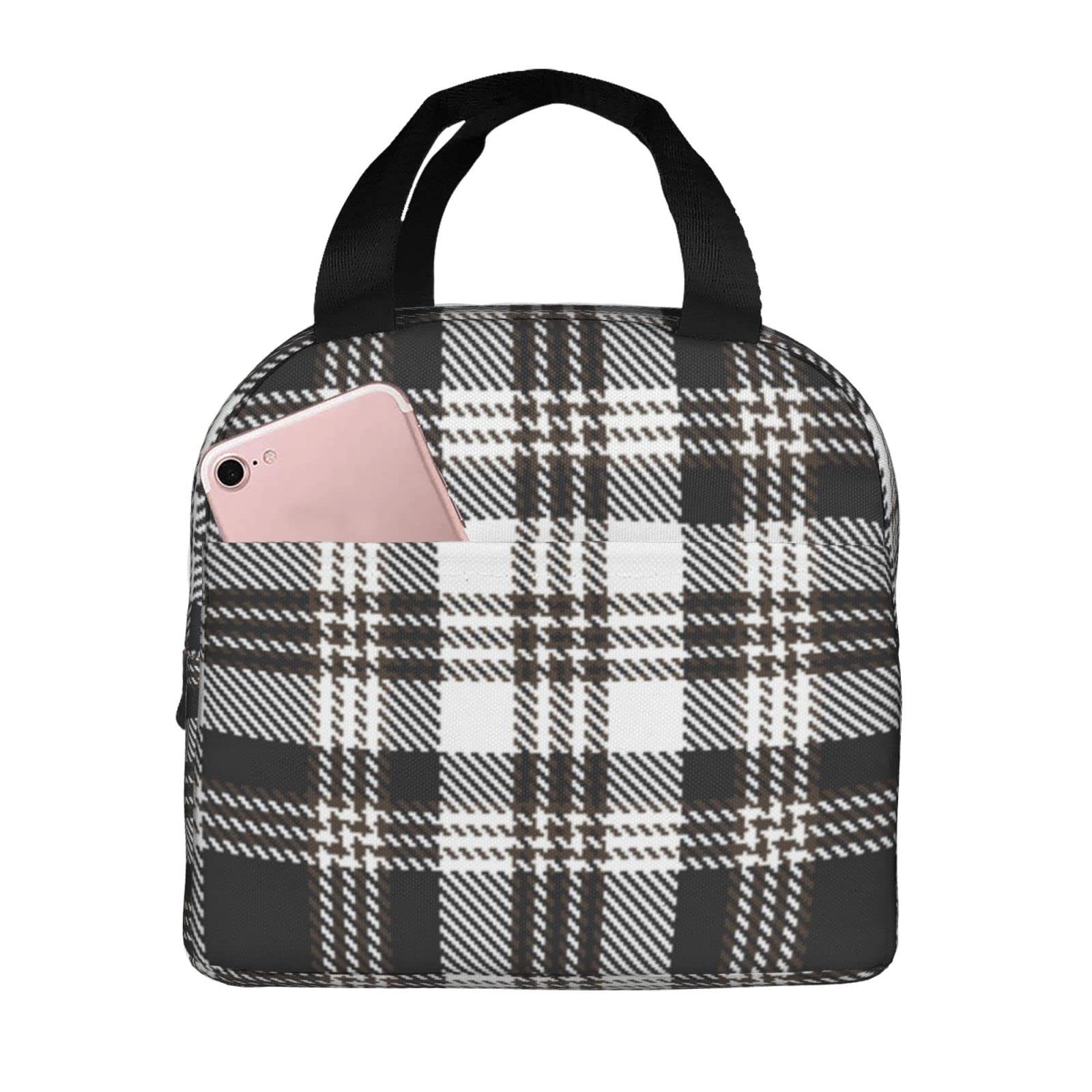 Reusable Insulated Lunch Tote Bag - Houndstooth Tartan Plaid Cooler Lunch Box for Work, School & Picnics | Durable & Eco-Friendly Food Container