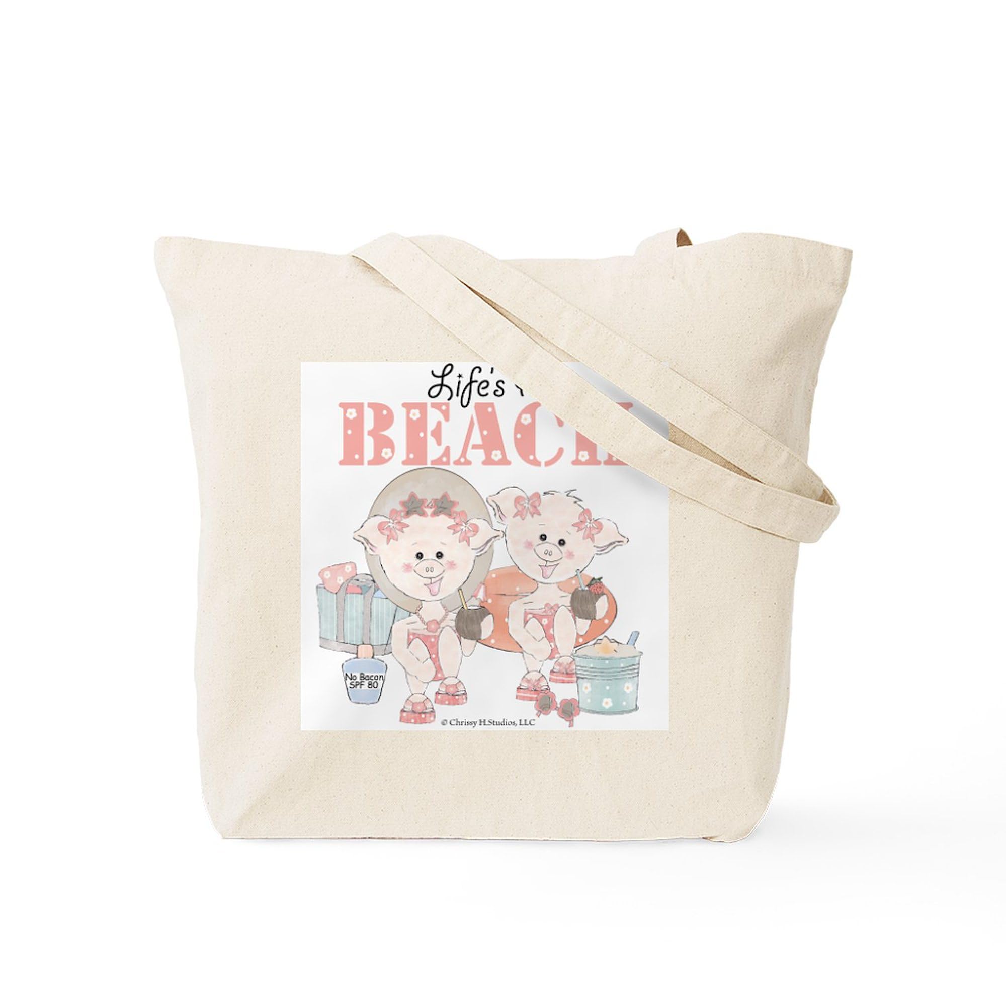 Life's A Beach Tote Bag - Natural Canvas Reusable Shopping Bag with Pigs in Swimsuits Design | Perfect for Groceries, Beach Trips & Eco-Friendly Shopping