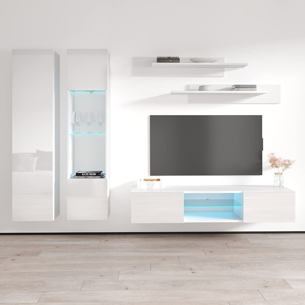 Modern White Wall-Mounted TV Stand with Storage Shelves & LED Lights - Floating Entertainment Center Console for Bedroom & Living Room - Perfect for Small Spaces & Home Theater Setup - Meble Furniture Fly A5 33TV Stand