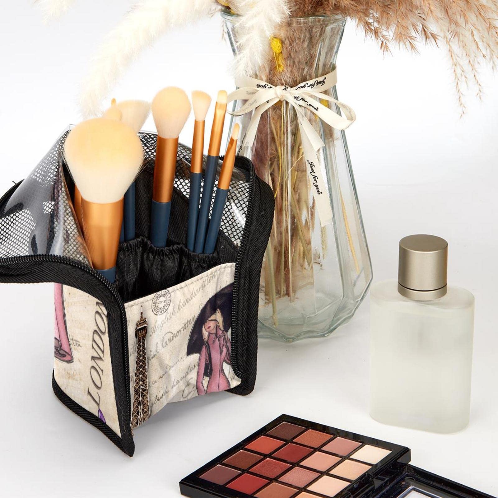 Portable Makeup Brush Organizer Bag with 12 Slots - Eiffel Tower & Girl Design - Travel Cosmetic Brush Holder Case for Professional Makeup Artists & Beauty Enthusiasts - Perfect for Home, Travel & Salon Use