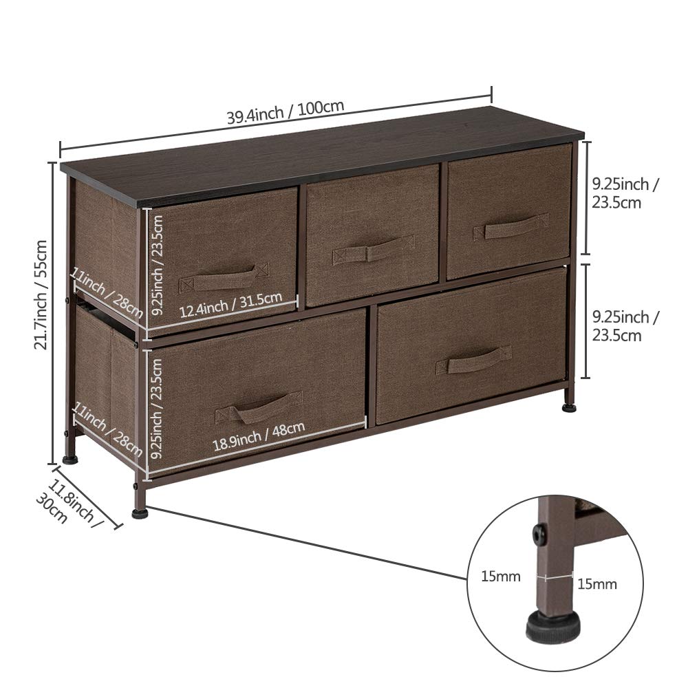 2-Tier Wide Closet Dresser with 5 Fabric Drawers - Nursery Storage Organizer for Baby Clothes, Dorm Room & Living Room - Space Saving Metal Frame Dresser Tower (Brown) | Perfect for Small Spaces, Bedroom Organization & Home Decor
