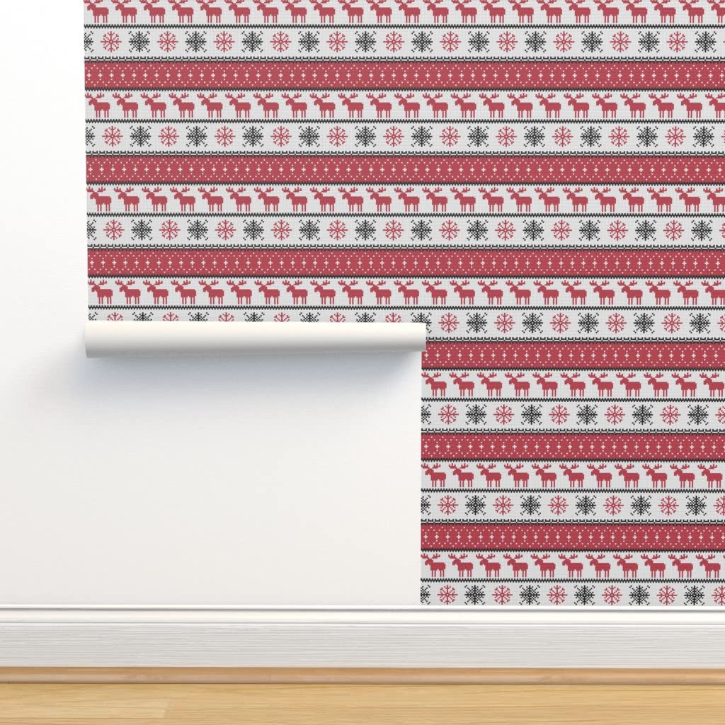 Removable Wallpaper Swatch - Small Scale Fair Moose Red Winter Snowflake Pattern | Peel & Stick Custom Wallpaper by Spoonflower | Perfect for Nursery, Bedroom & Holiday Decor